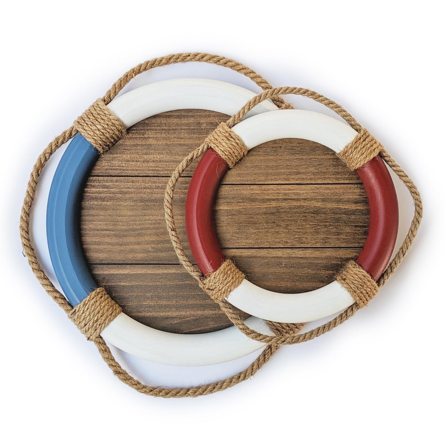 2 PCS Wood Decorative Serving Trays, Handmade Round Rustic Candle Holder Trays, Nautical Beach Lake House Coastal Coffee Table Decor Serving Tray for Living Room, Bathroom, Kitchen