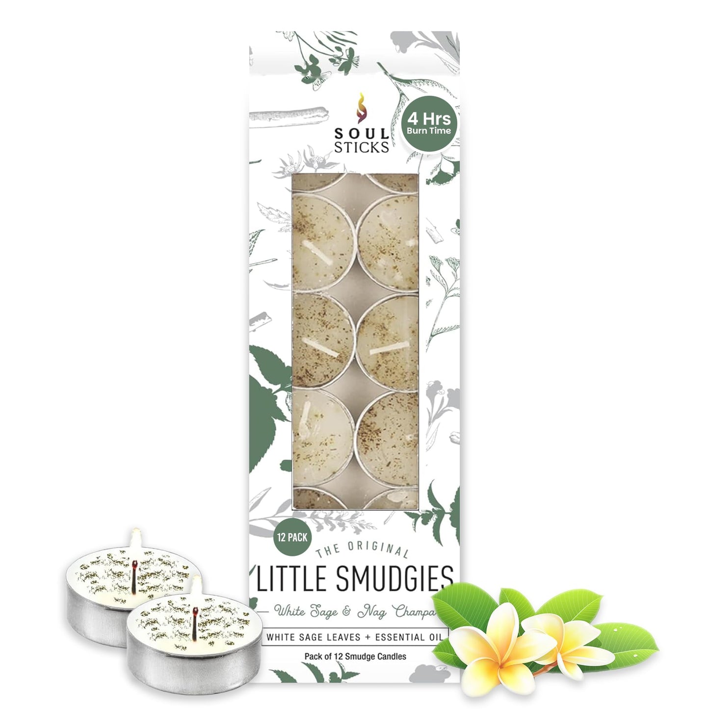 SOUL STICKS 12 Pack Little Smudgies Tealight Candles Smudge Candle for Cleansing House, Meditation, Chakra Healing | Made with Crystals and Herbs (White Sage & Nag Champa)