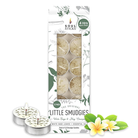 SOUL STICKS 12 Pack Little Smudgies Tealight Candles Smudge Candle for Cleansing House, Meditation, Chakra Healing | Made with Crystals and Herbs (White Sage & Nag Champa)
