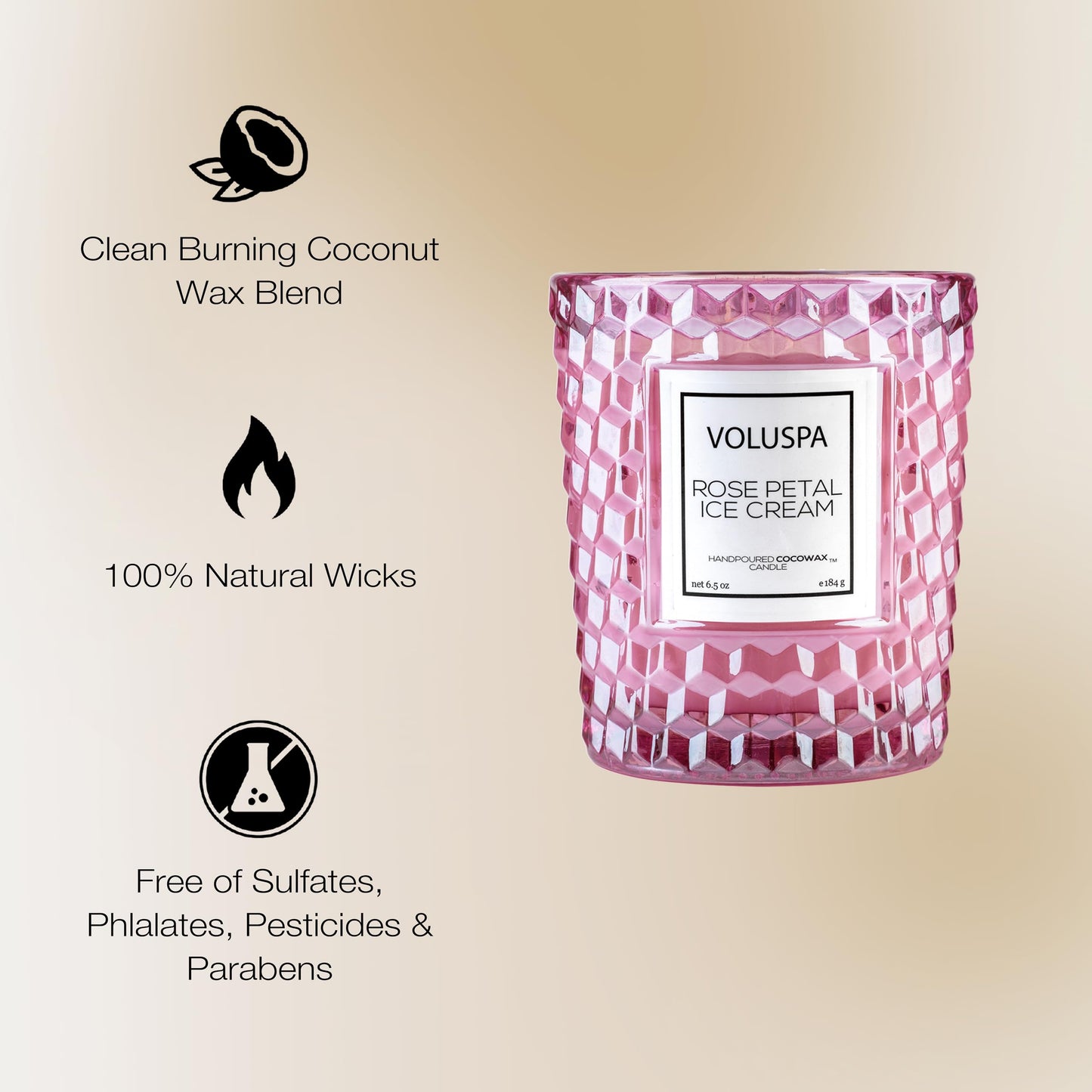 Voluspa Rose Petal Ice Cream, Classic Candle Jar, 6.5 Ounce, 40 Hour Burn Time, Coconut Wax for Clean Burning, Handcrafted in the USA