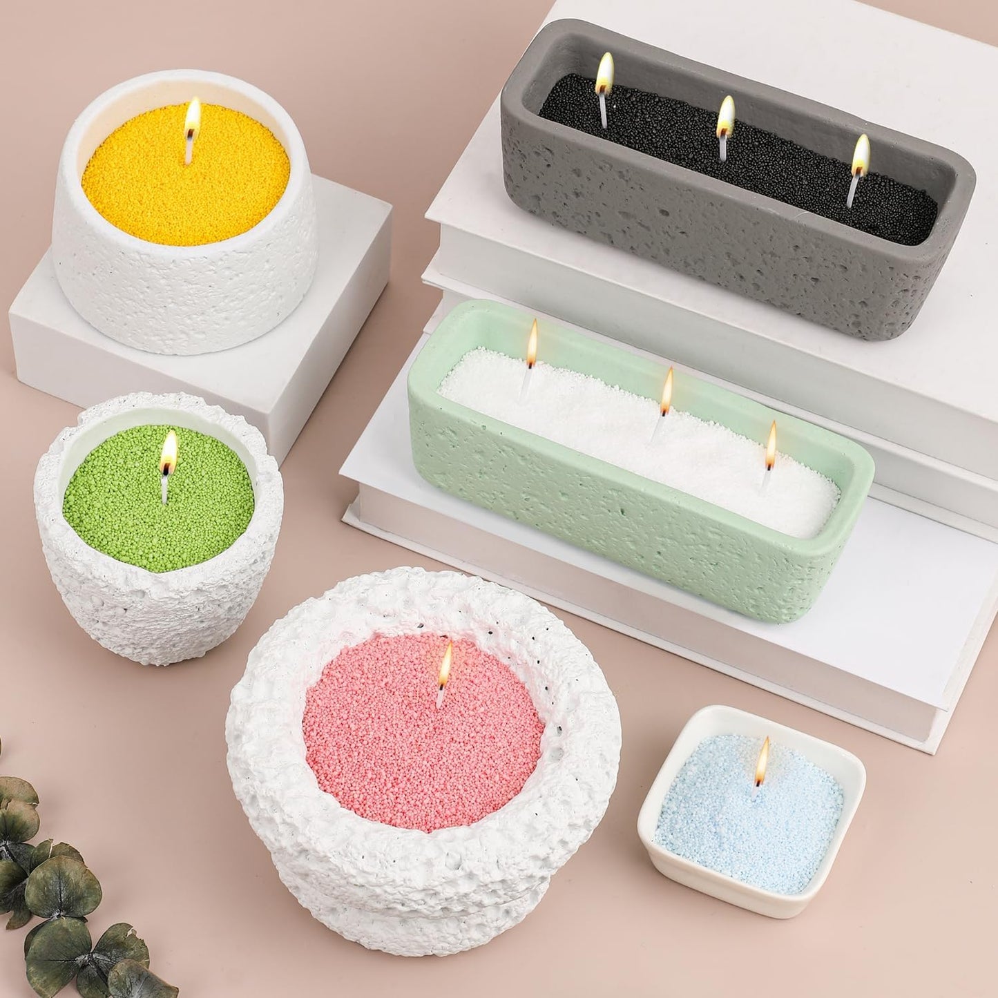 Blingfun Snow Pearled Candle with Wicks,5 Colors of DIY Candle Sand kit,with Mixing Cup, Spoond etc.Refillable for Making Pearled Wax for Halloween Thanksgiving Christmas Wedding Party-1.3LB