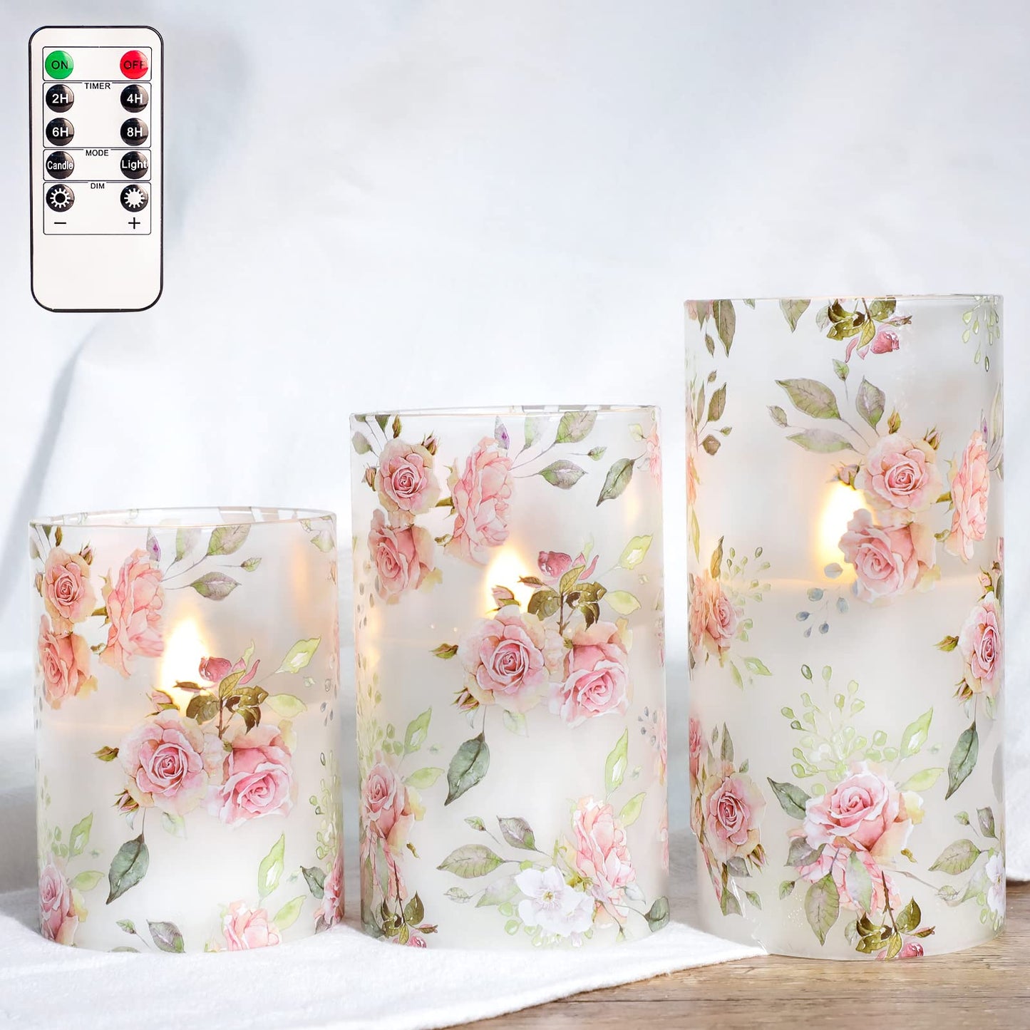 MELTONE Rose Flameless Candles Love Theme Glass Pink LED Candles with Remote - Home Wedding Bedroom Room Christmas Valentine's Day Decor - Set of 3