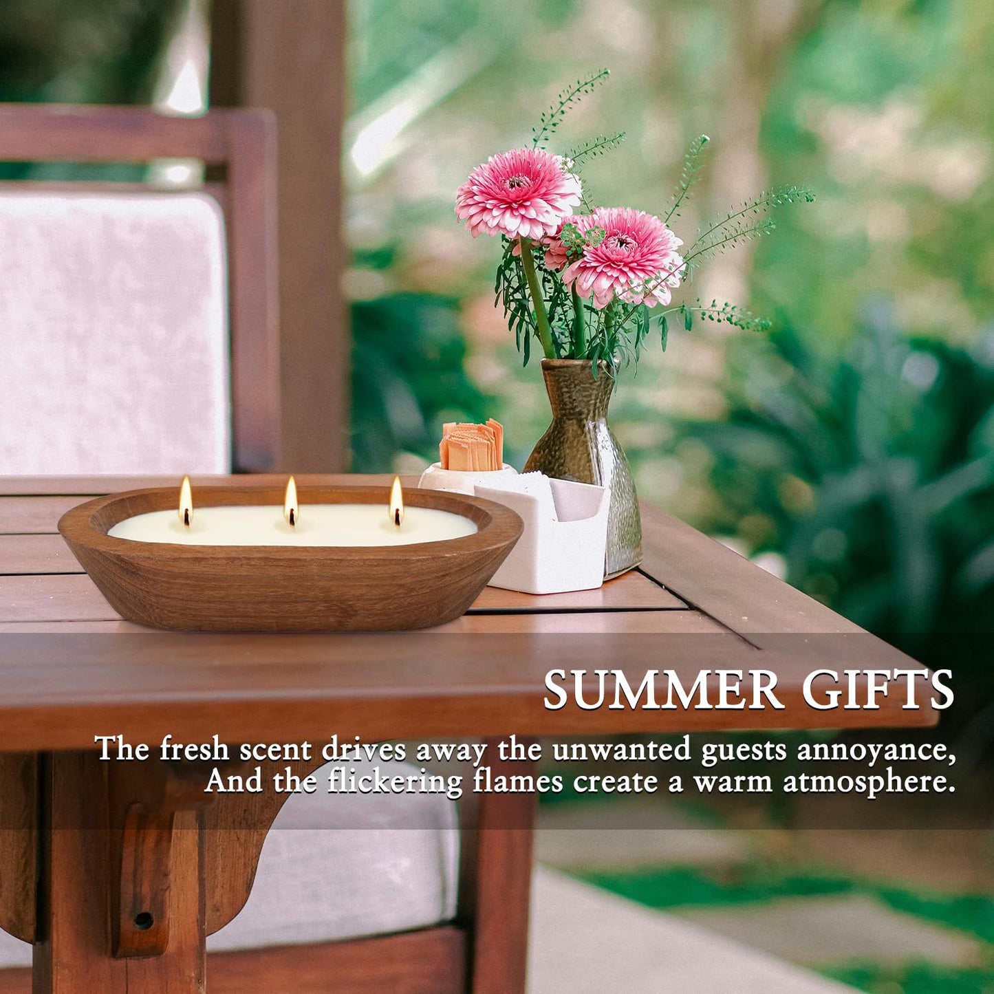 Citronella Candle in Wooden Bowl, 8oz Triple-Wick Smokeless Candle, Clean Burning Natural Citronella Scented Candle for Home Decor, Patio, Garden and Relaxation