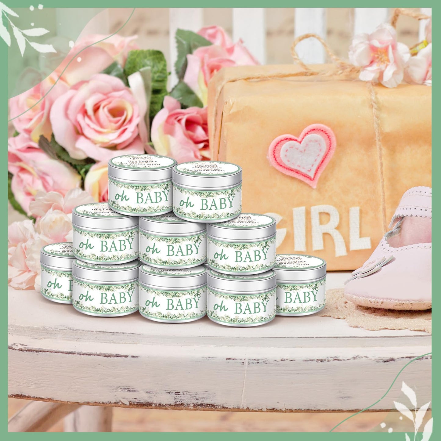 Funtery 12 Pcs Baby Shower Party Favors for Guests Baby Shower Candles Lavender Scented Candle Rustic Tealights Candles Gender Reveal Return Gifts(Leave)