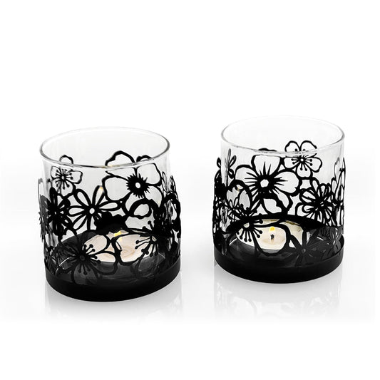 Lily’s Home Cutout Shadow Box Votive Tea Light Hurricane Glass Candle Holders, Centerpiece Lighting for Weddings, Entertaining and Home Decor, Flowers Garden Design, Black, Set of Two