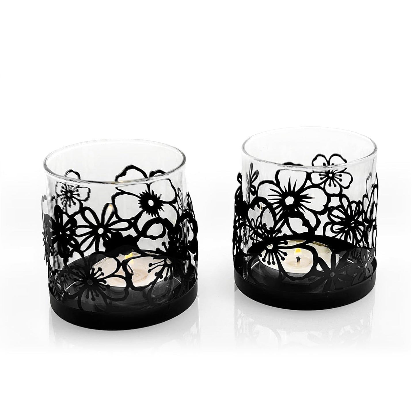 Lily’s Home Cutout Shadow Box Votive Tea Light Hurricane Glass Candle Holders, Centerpiece Lighting for Weddings, Entertaining and Home Decor, Flowers Garden Design, Black, Set of Two