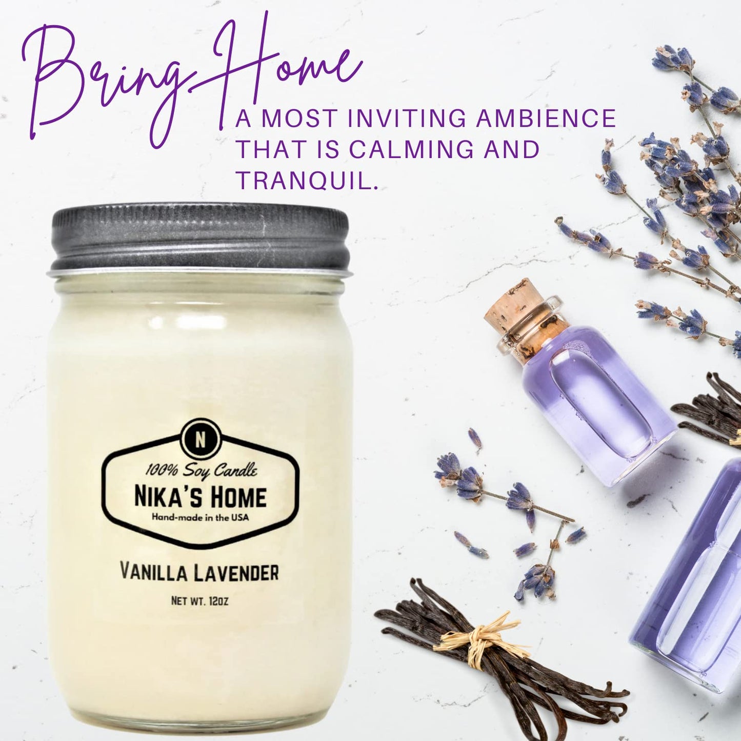Nika's Home Vanilla Lavender Soy Candle - 12oz Mason Jar - Non-Toxic - Hand Poured in The USA, Long Burning 50-60 Hours Highly Scented All Natural, Clean Burning