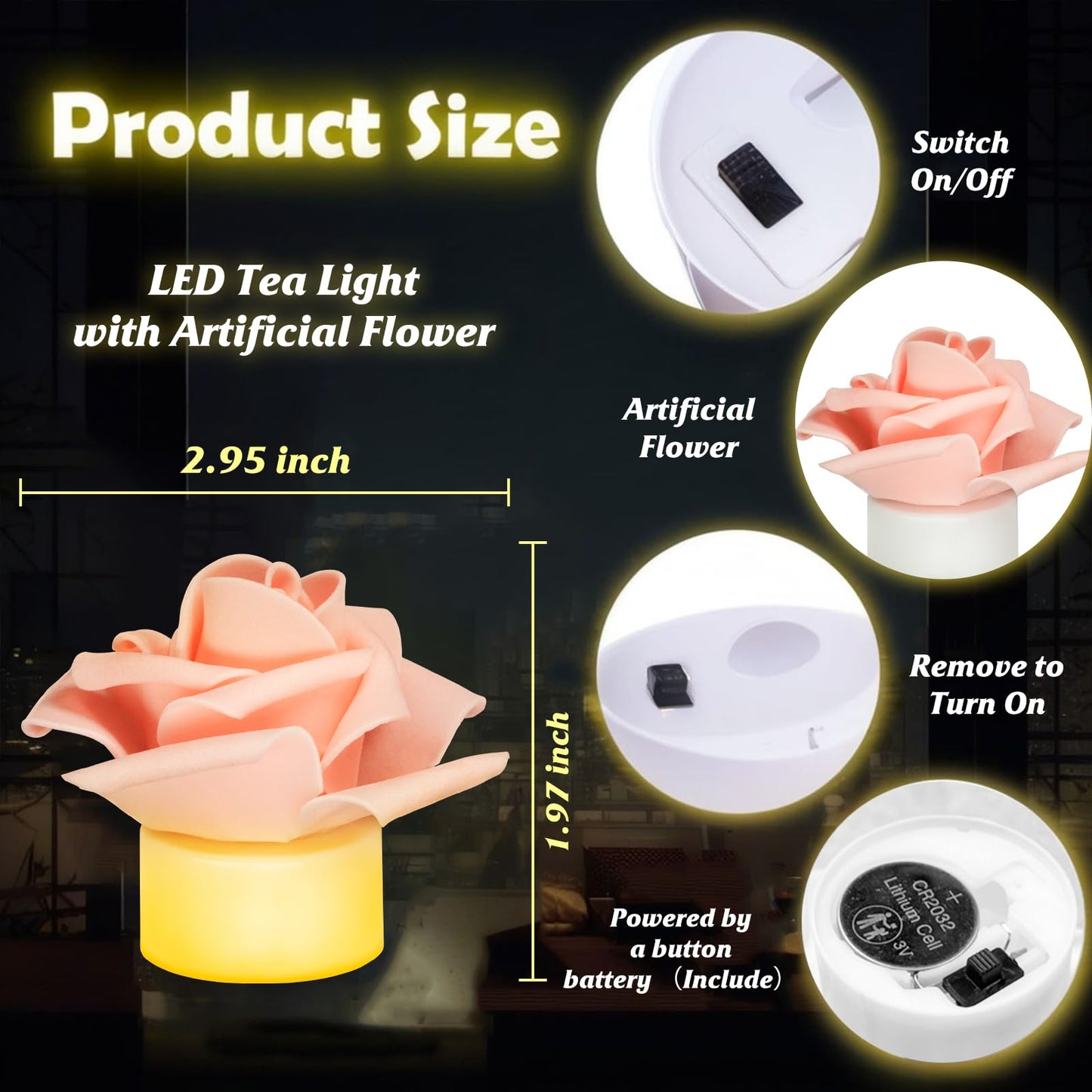 SupBri 12 Pack Led Candles with Artificial Flowers, 200+Hour Battery Operated Tea Lights Candles for Centerpiece Table, Party, Wedding Decorations (Pink)