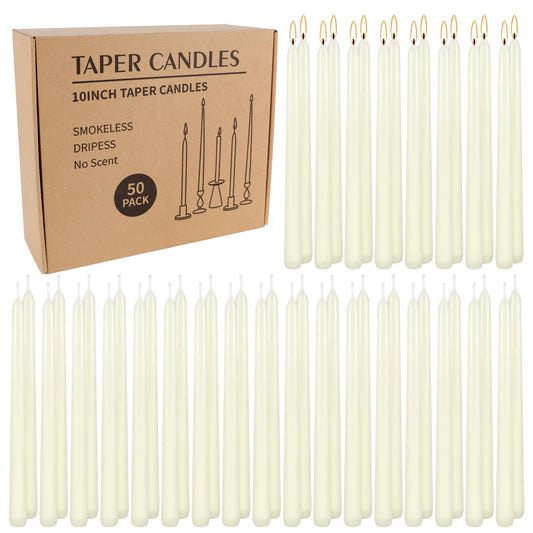 WPONSZU 50 Pack Ivory Taper Candles, 7-8 Hours Burn Time, Unscented, Smokeless and Dripless, 4/5 x 10 Inch for Christmas,Household,Dinner,Wedding,Valentine's Day,Party and Home Décor Candlesticks