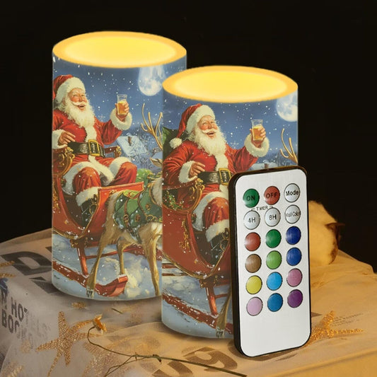 Luarisgur Flameless Candles with Remote Santa Claus Sled Electric Candles Flickering Battery Operated LED Candles Color Changing with Remote Timer for Christmas Party Room Table Decor Set of 2