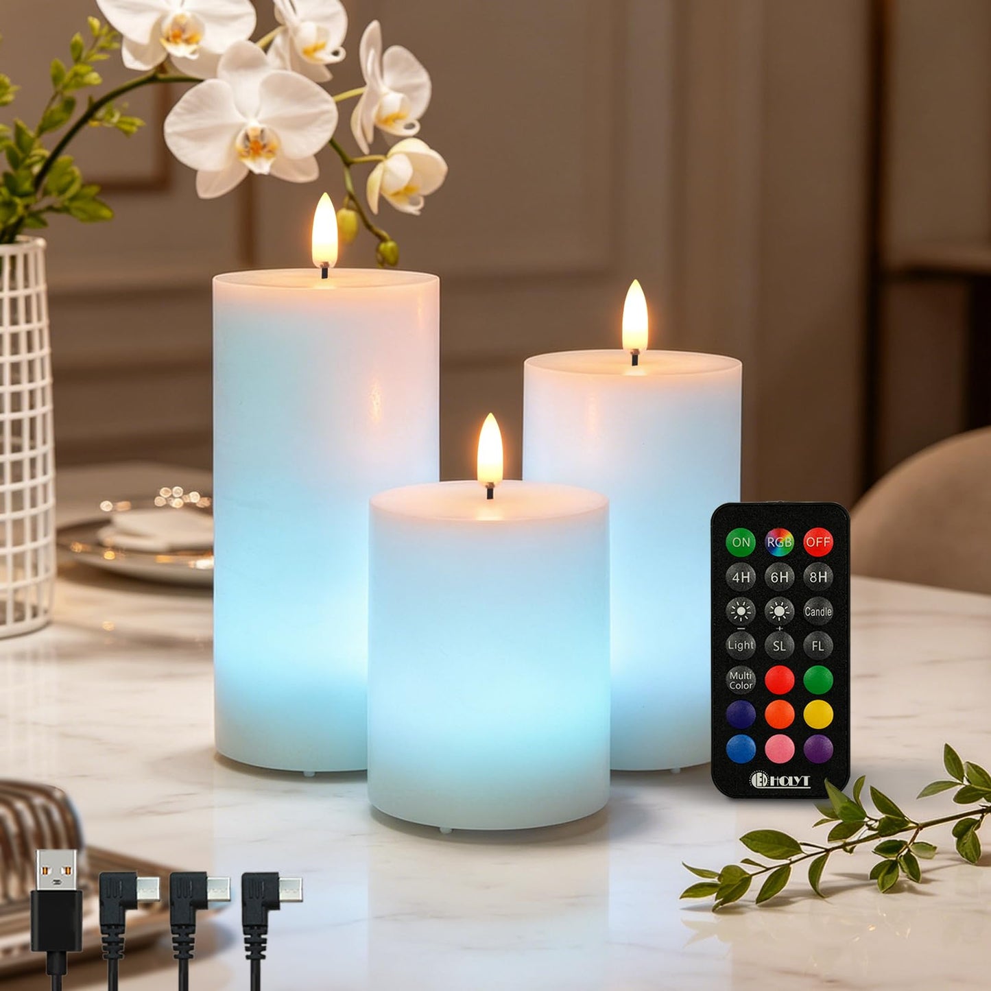 LEDHOLYT Rechargeable Flameless Candles, RGB Color Changing Realistic Flickering Flameless Candles with Remote & Timer, Set of 3