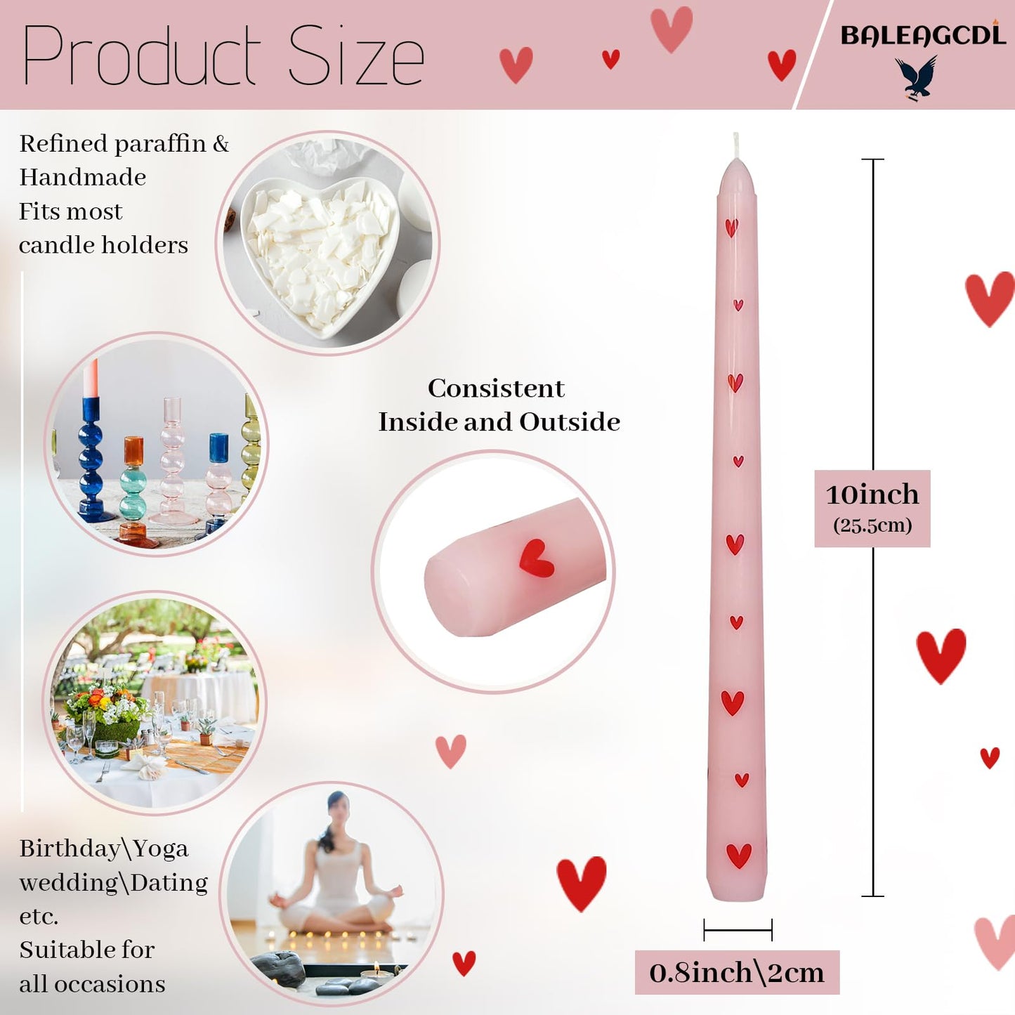 Printed Taper Candle - Baleagcdl Pink with Red Heart Candles Handmade Long Tapered Candles 10 Inch Drip Candlesticks for Wedding Home Dinner Decor Gifts Set of 2