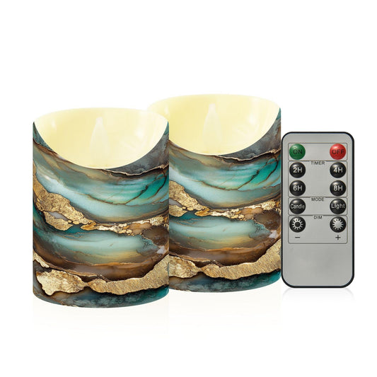 famyily Christmas Tabletop LED Candles Set of 2 Long Lasting Battery Operated Candles for Wedding Table Centerpieces 3.9x3in - Marble Brown Turquoise