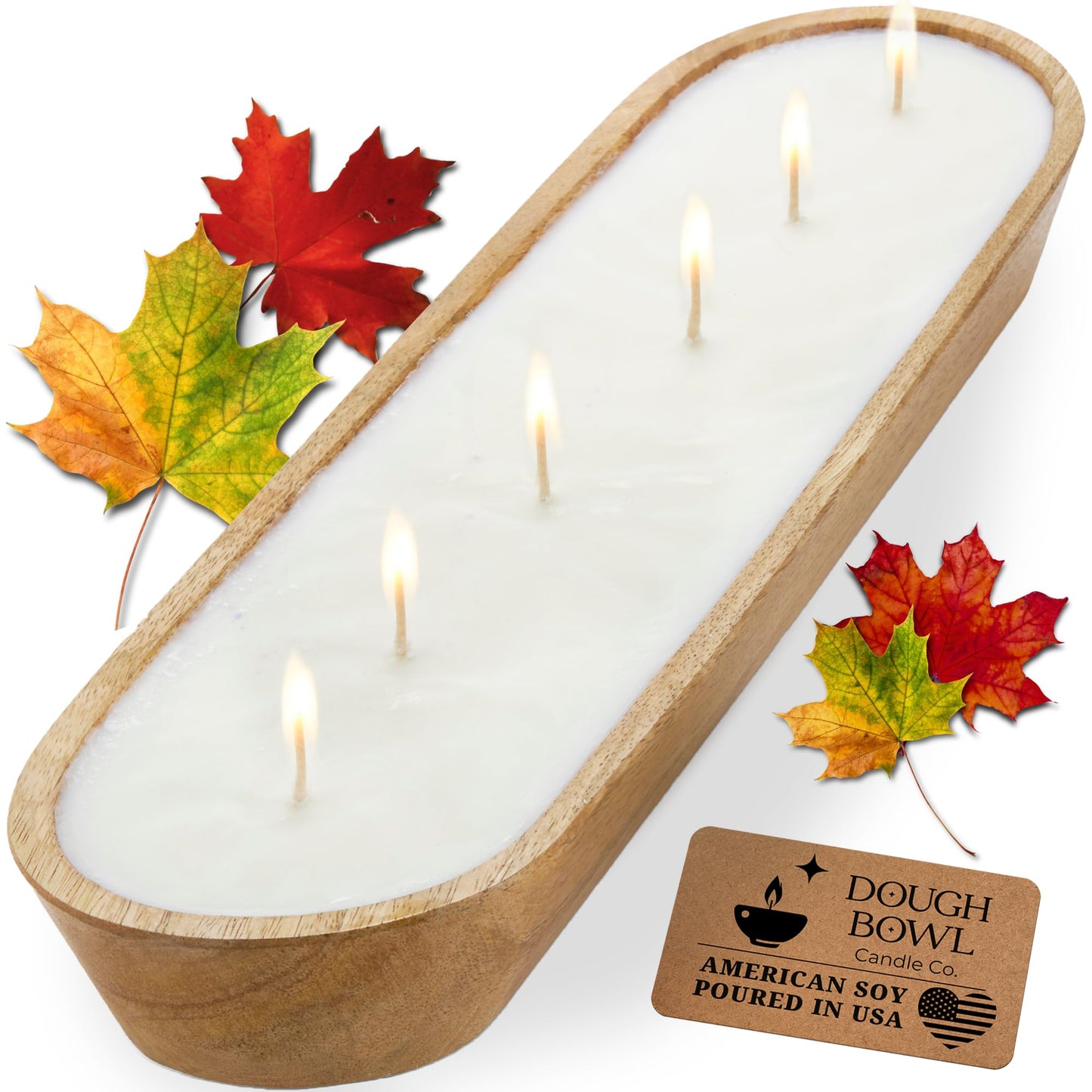 Dough Bowl Candle Co. Apple Maple Bourbon Soy Candle - 6 Wick Rustic Farmhouse Decor Odor Eliminator in Wooden Bowls, 32 Ounce Wooden Dough Bowl Candle, All-Natural Gifts for Women and Men