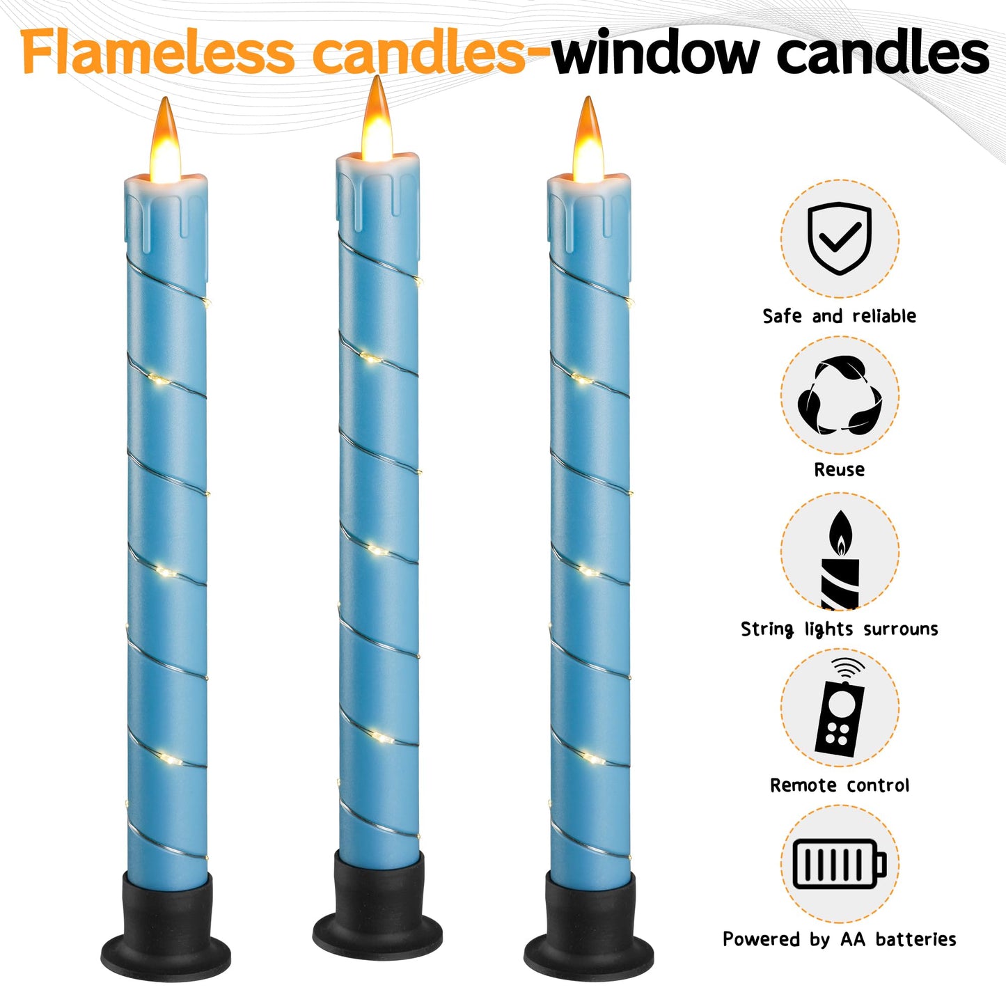 3 Pack Blue Dripping Wax Flameless Candles, Realistic Dynamic Flame LED Taper Candles with Surrounding Fairy String Lights, Remote Control Battery Operated Candles for Home Wedding Holiday Decor