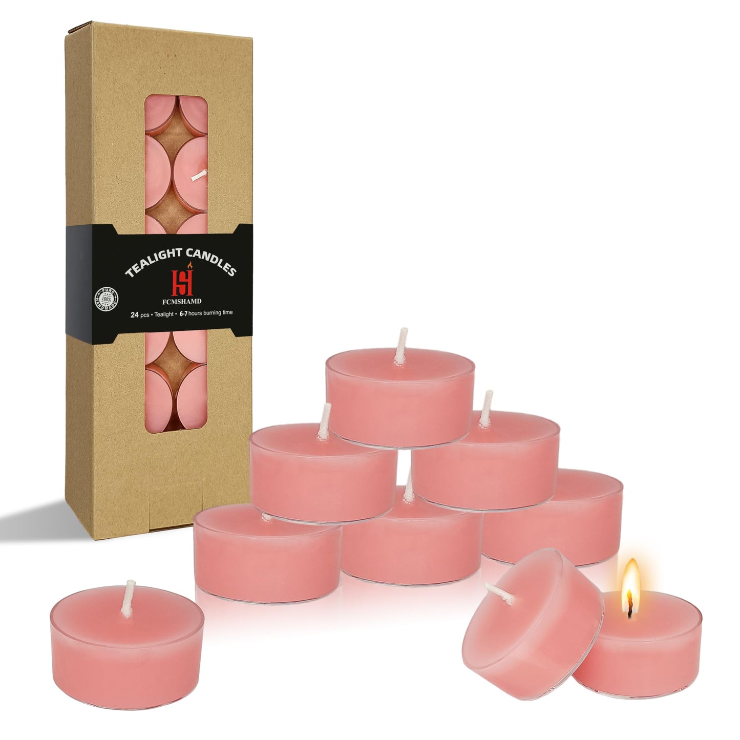 FCMSHAMD Rose Scented Tealight Candles, 24 Pack Pink Tea Lights, 6 Hour Burn Time, Modern Floral Theme, Dripless & Smokeless