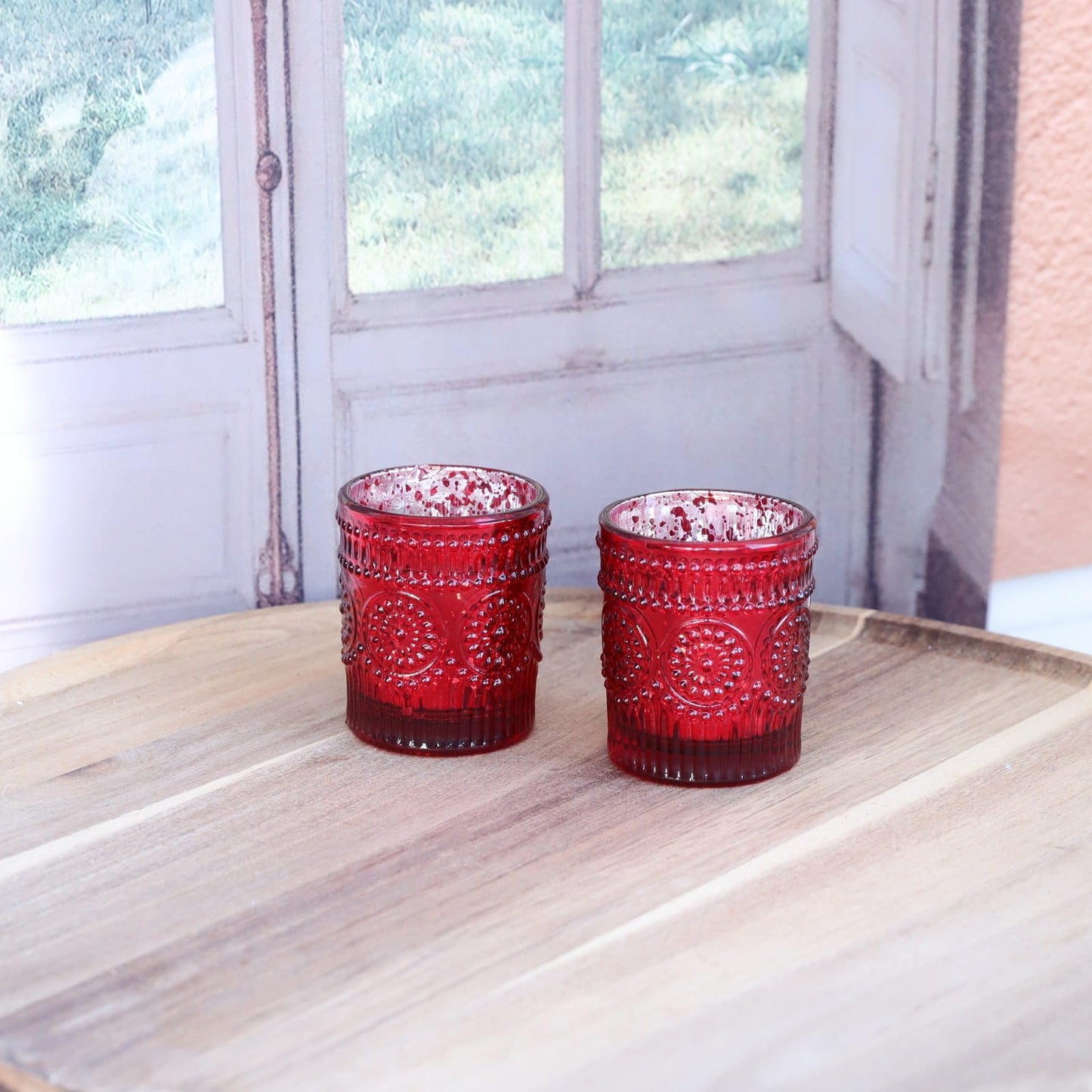 VOHO Red Mercury Glass Candle Holder Set of 12, Boho Sunflower Red Votive Candle Holders for Table Centerpiece, Festive Tealight Candle Holder for Christmas, Thanksgiving, Valentines Day Decorations