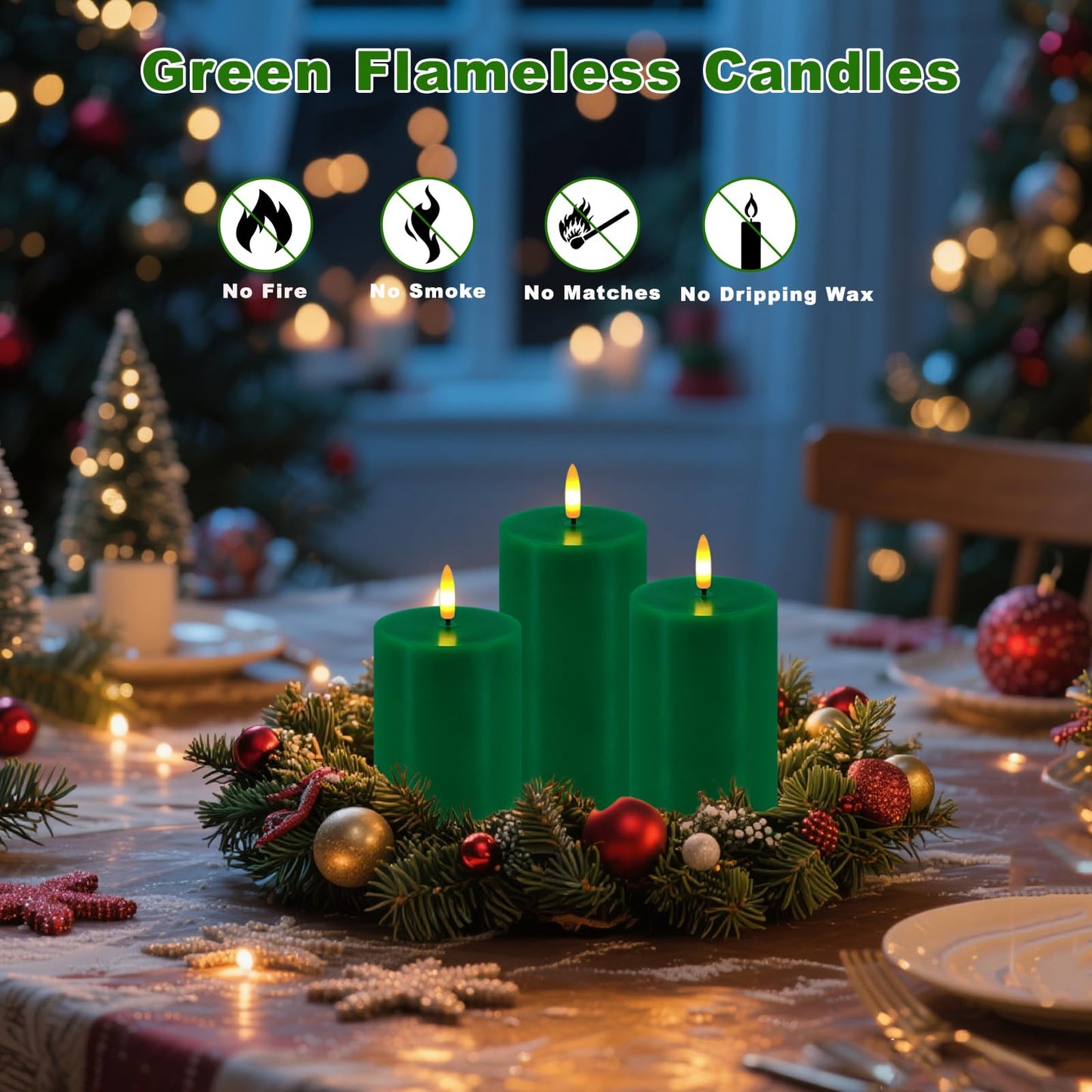 Green Flameless Candles, Set of 3 Flickering LED Candles with Remote & Timer, Dimmable Real Wax Electric Pillar Candles Battery Operated, Candles Light for Home St. Patrick's Christmas Decor (Green)