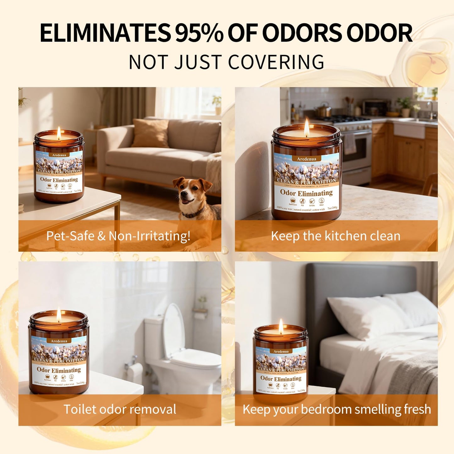 Clean & Pure Cotton Odor Eliminating Candles | Eliminates 95% of Pet, Smoke & Bathroom Odors – 7 oz Hand Poured Non-Toxic Soy Candle - Fresh Air Scented Candle Gentle for Pet - Gifts for Families