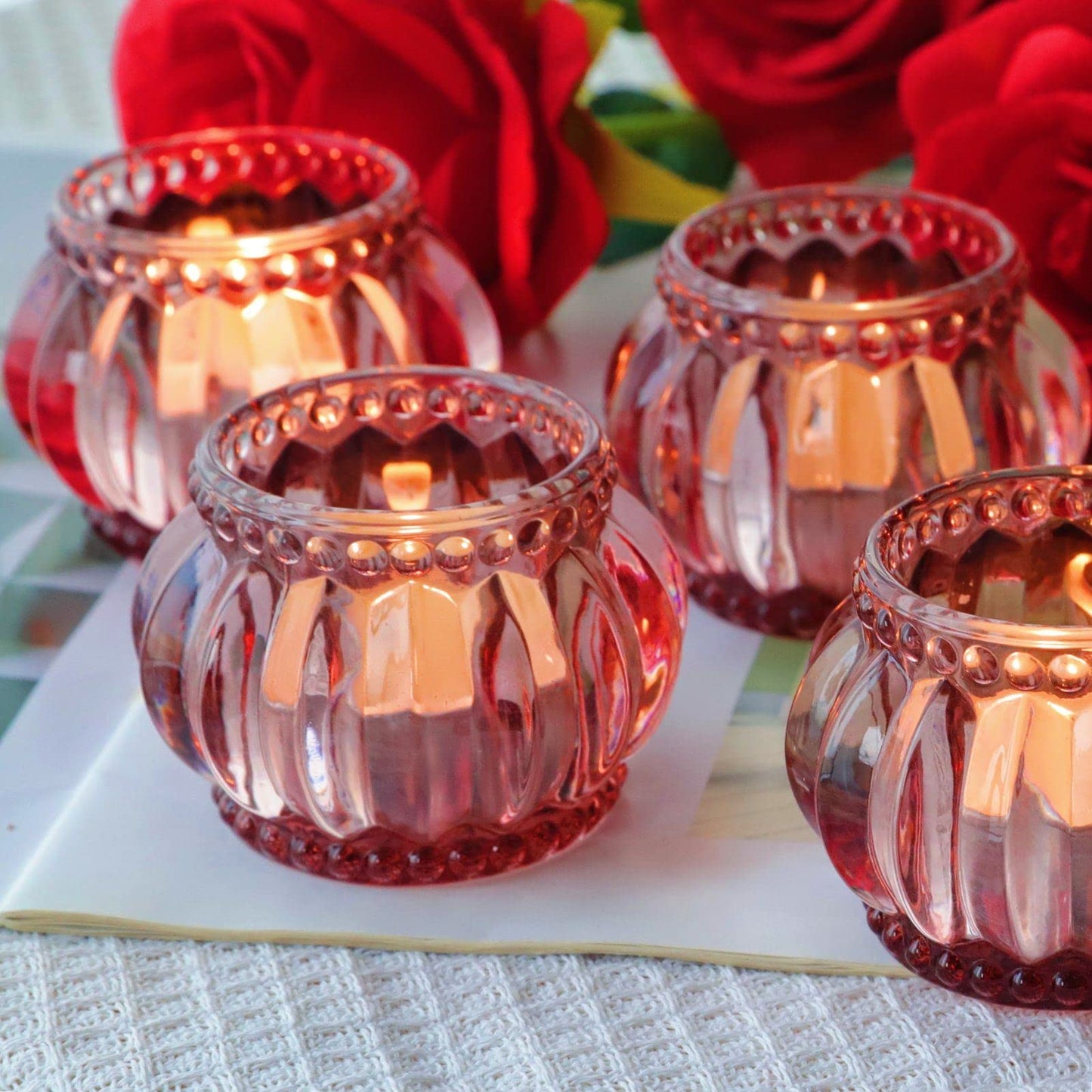 Woho Rose Gold Tealight Candle Holder Set of 6 for Valentines Day Decor, Glass Tea Lights Candle Holder for Wedding Party, Votive Candle Holders for Table Centerpiece