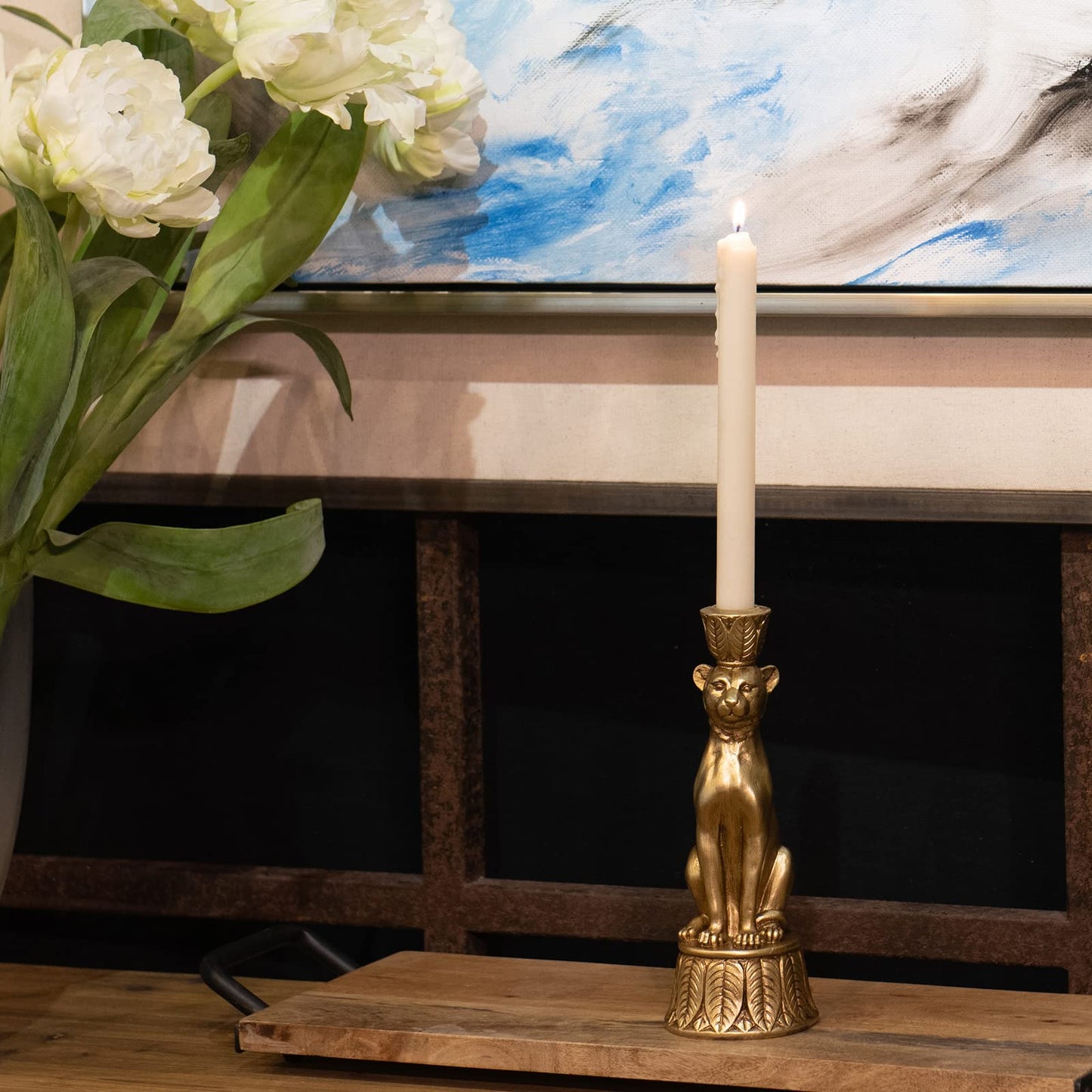 Candle Stick Holder Table Decor - Leopard Resin Modern Golden Candlestick Holder Coffee Table Decor Gold Candle Stand for Living Room 3.25 x 3.25 x 9.25 Inch Guichifun
