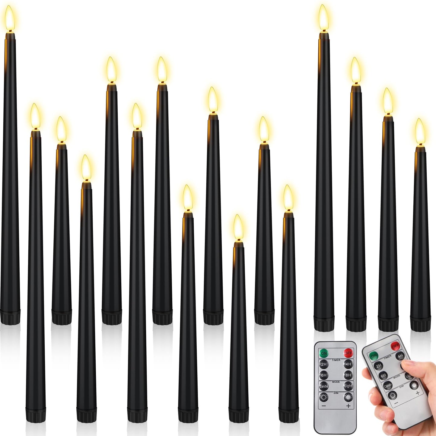 Rossesay 16 Pcs Black Flameless Taper Candles Battery Operated Candles with Remote Timer 8.5" 9.6" 10.8" 12.8" Multiple Sizes Black LED Flickering Candlestick for Wedding Centerpieces Party Decor
