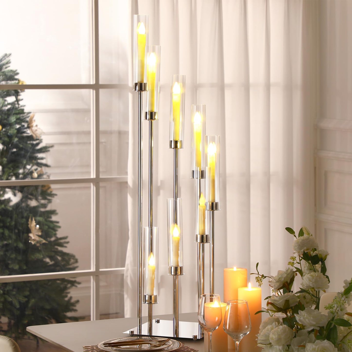 Dandat 41.5" Tall Floor Candelabras, 8-arm Cluster Standing Candle Holders with Clear Acrylic Shades, Silver Wedding Centerpiece Candelabra for Flameless/LED Taper Candles, Party & Event Decor(2 Pack)