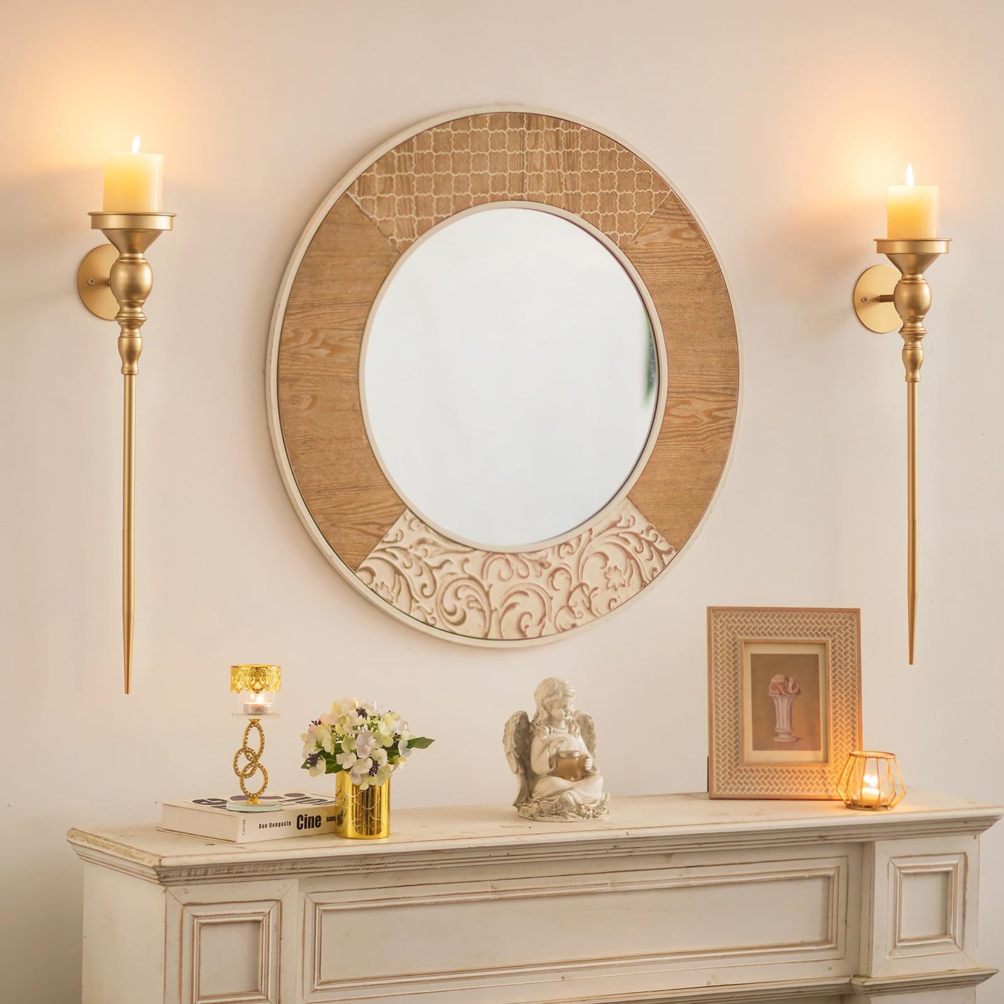 Walasis Candle Sconces Gold Wall Decor: 24.4 Inch Long Wall Candle Holder for Pillar Candles - Metal Art Decoration Candle Sconces Set of 2 for Fireplace Hallway Beside TV