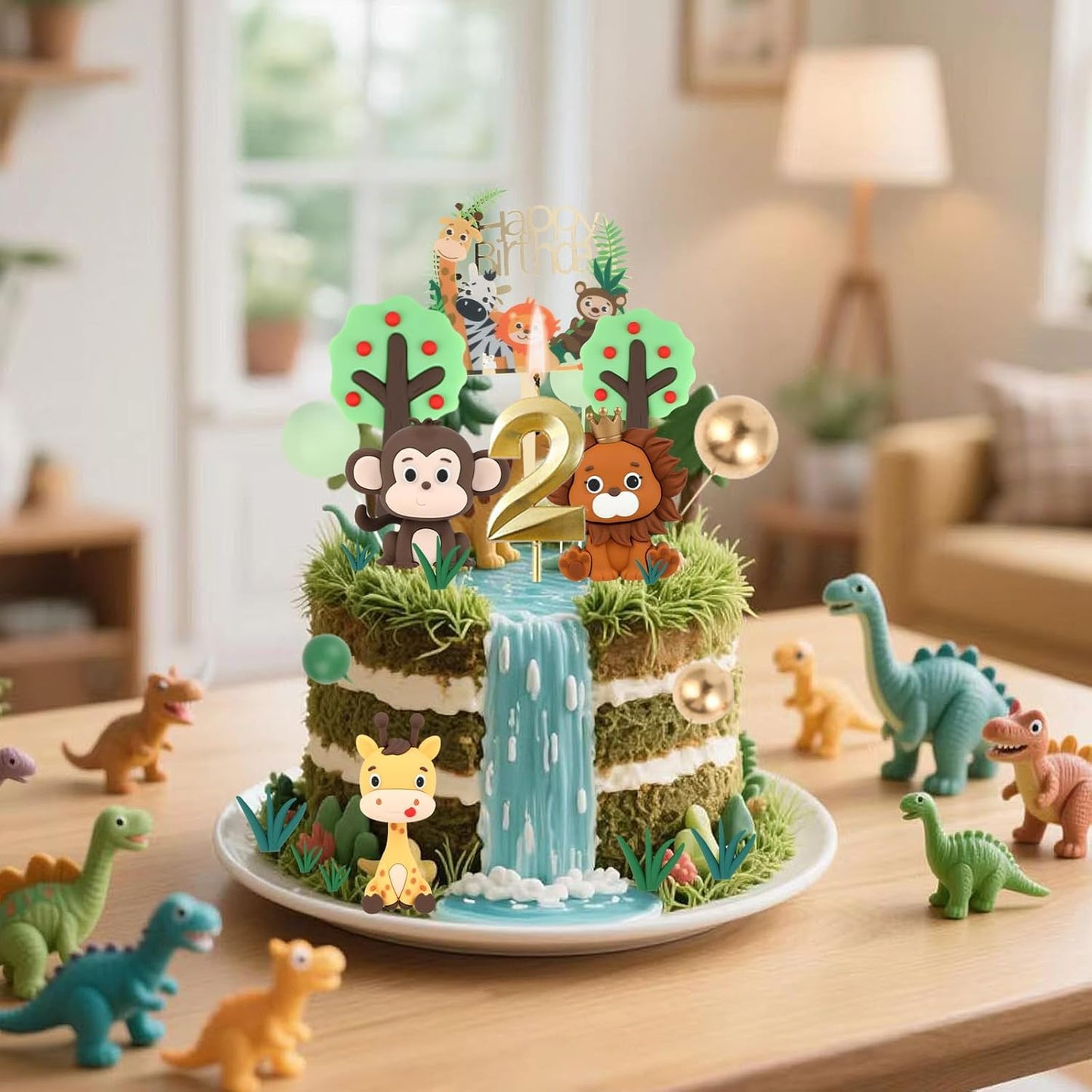 2st Birthday Safari Cake Toppers Set - 3D Lion, Monkey, Giraffe with Number 2 Candle, 8 Grass, Trees & Balls - 21PCS Jungle Animal Cake Decorations Kit for Boys Girls 2 Year Old Party (2st)