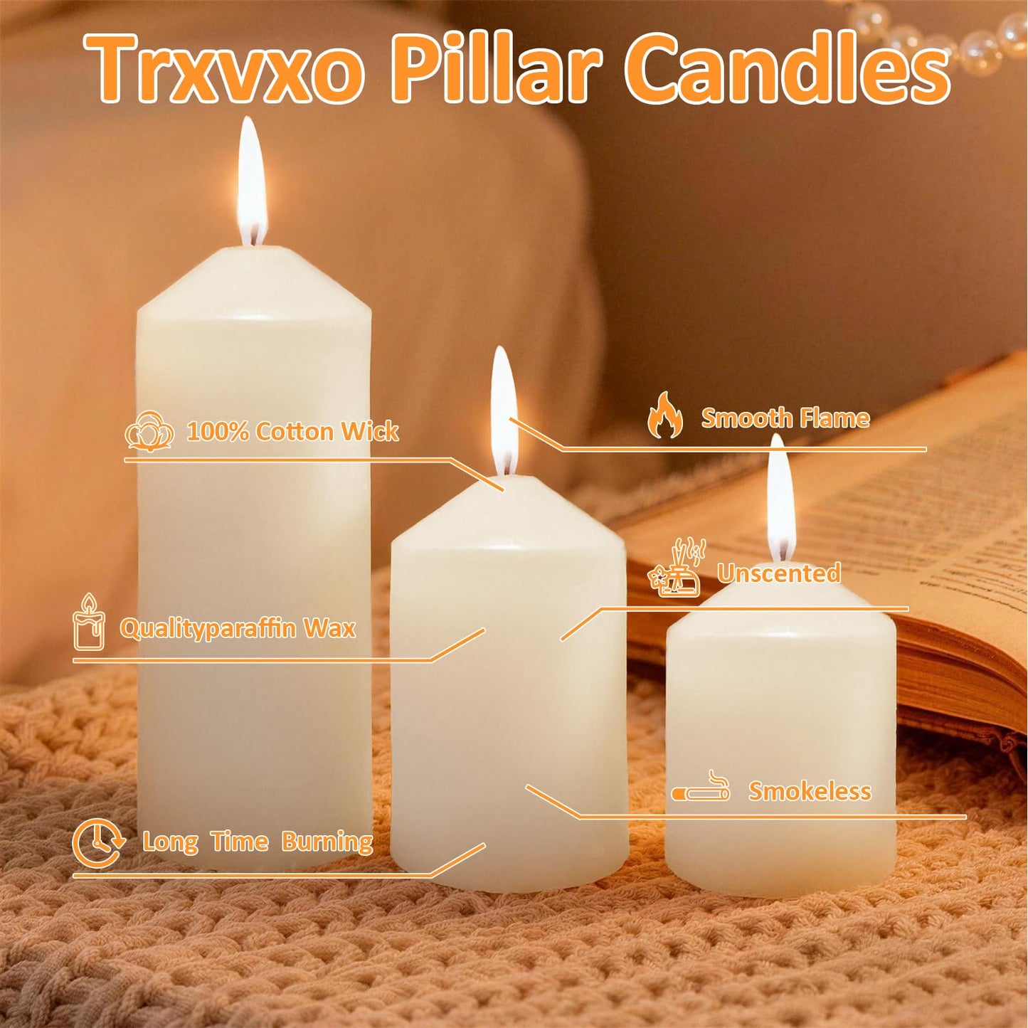 Trxvxo 6 Pcs White Pillar Candles Bulk Set, 3 Different Lengths 2 x 3/6/8 Inch (2 Each), Dripless Unscented Smokeless,Hurricane Candles,Gives You a Better Atmosphere When Organizing an Event Party.