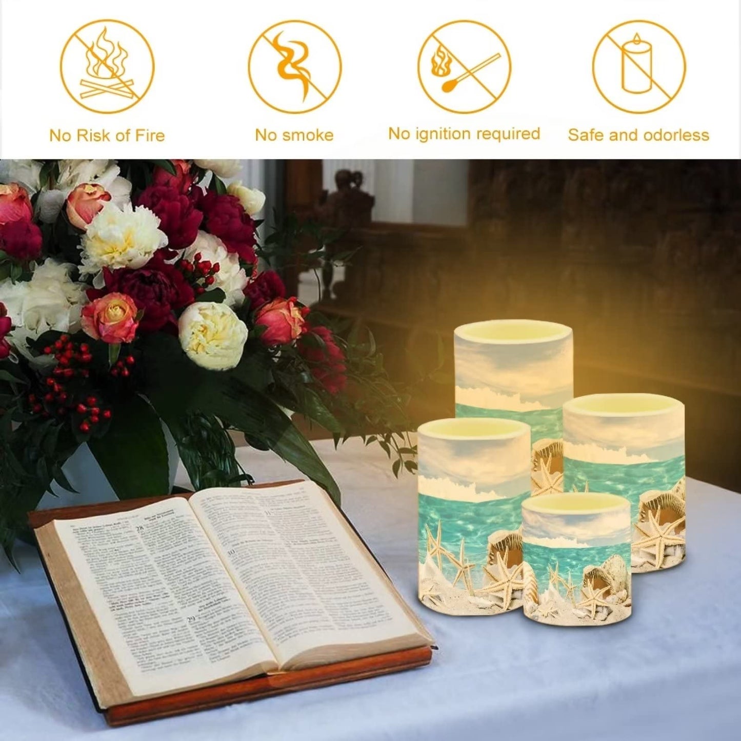 NETILGEN LED Flickering Candles Battery Operated Candles Set of 4 with Remote Control Timer Dancing Flame Pillar Candles Home Table Coastal Decoration, Beach Sky with Starfish