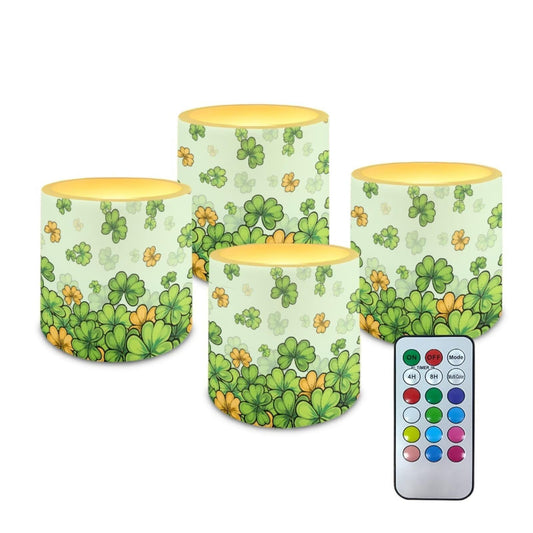 Merkmak Battery Operated Candles with Timer Flickering LED Elictric Pillar Tealights Multi-Colored Shamrocks Flameless Candles with 18-Key Remote for Indoor Outdoor St Patricks Day Decor