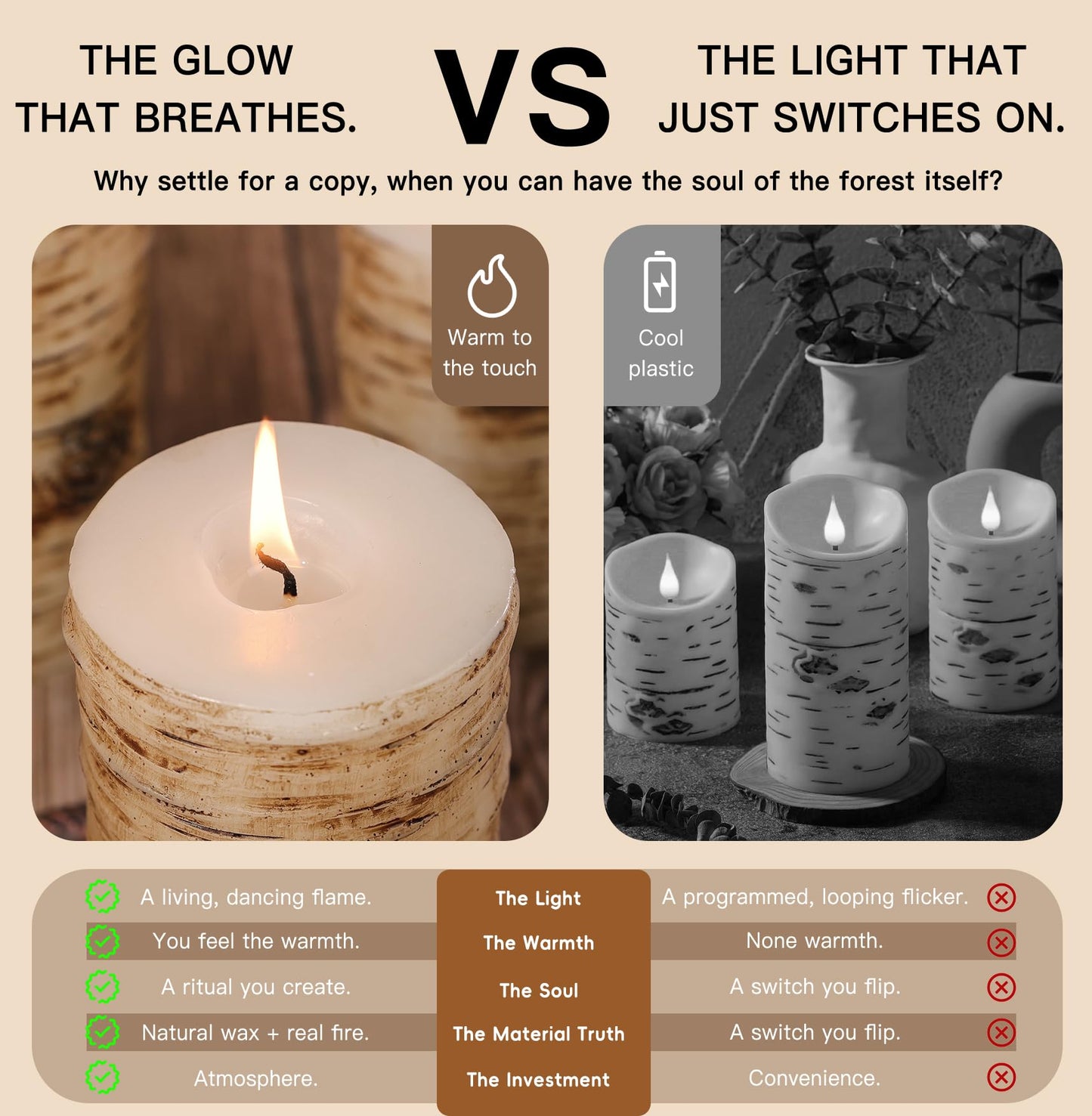 Black Birch Bark Texture Pillar Candles Set - Real Wax 3 Sizes (4", 5", 6" Tall) Rustic Decor Fireplace Candles, Unscented Woodland Style Pillar Candle for Home, Dining Table, Holiday Decor