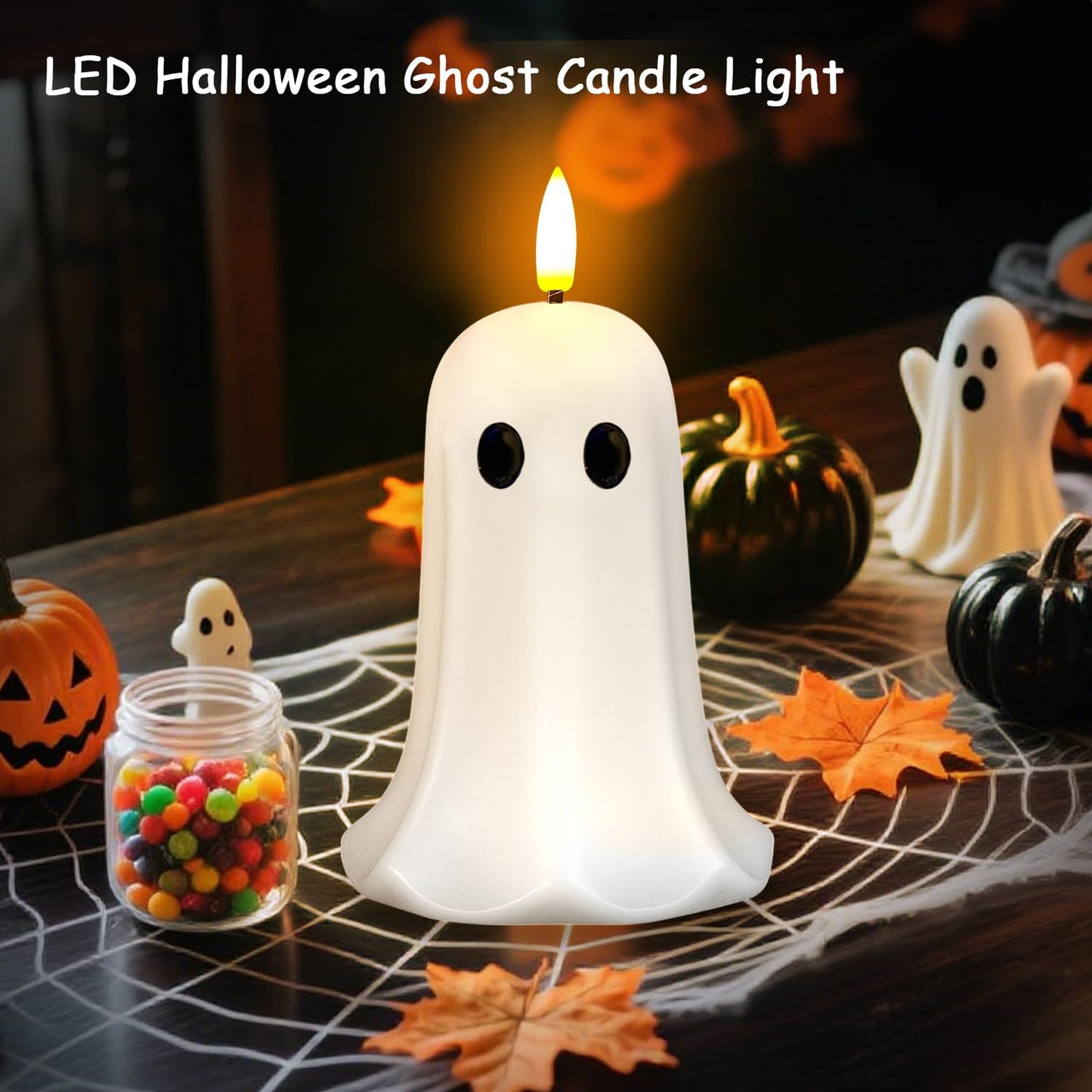 Halloween Ghost Flameless Candle with Timer – LED Candle with Flickering Flame, Real Wax, Remote Control, Spooky Halloween Decorations Indoors, Cute Tabletop Decor for Mantel Home, Battery Operated