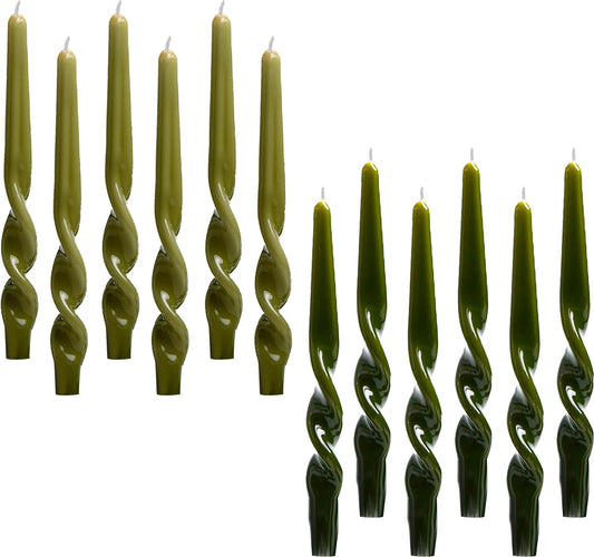 PAMELIFE Olive Green Dark Green Christmas Spiral Taper Candles - Set of 12 Twisted Candlesticks 9.5 Inch Tall for Home Decoration Holiday Wedding Party