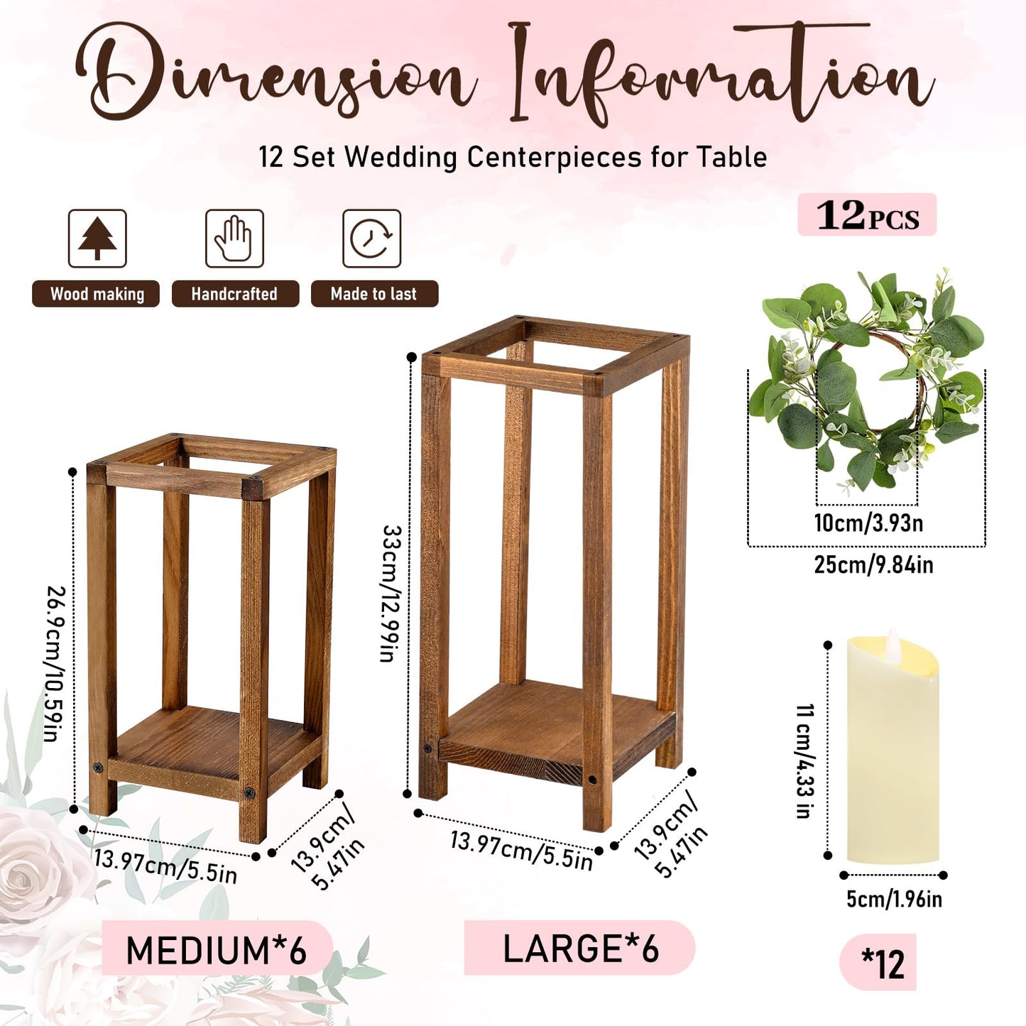 Geelin 12 Set 10.59'', 13'' Brown Wooden Lanterns for Wedding Centerpieces Include 12 Wooden Lantern 12 LED Candle 12 Eucalyptus Leaves Wreath for Wedding Baby Shower Farmhouse Table Decor
