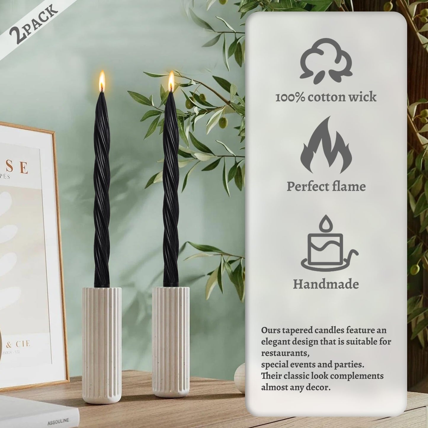 Handmade Unscented Long Spiral Taper Candle Black 10 Inch Smokeless Tall Twisted Candlesticks Elegant Design for Home Weddings Festive Seasons Décor