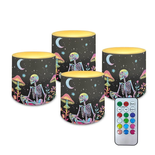 Merkmak Flickering Flameless Candles with Remote Battery Operated Candles with Timer Control 4Pcs LED Pillar Tea Lights for Party Banquet Home Decor, Skeleton Mushroom Moon