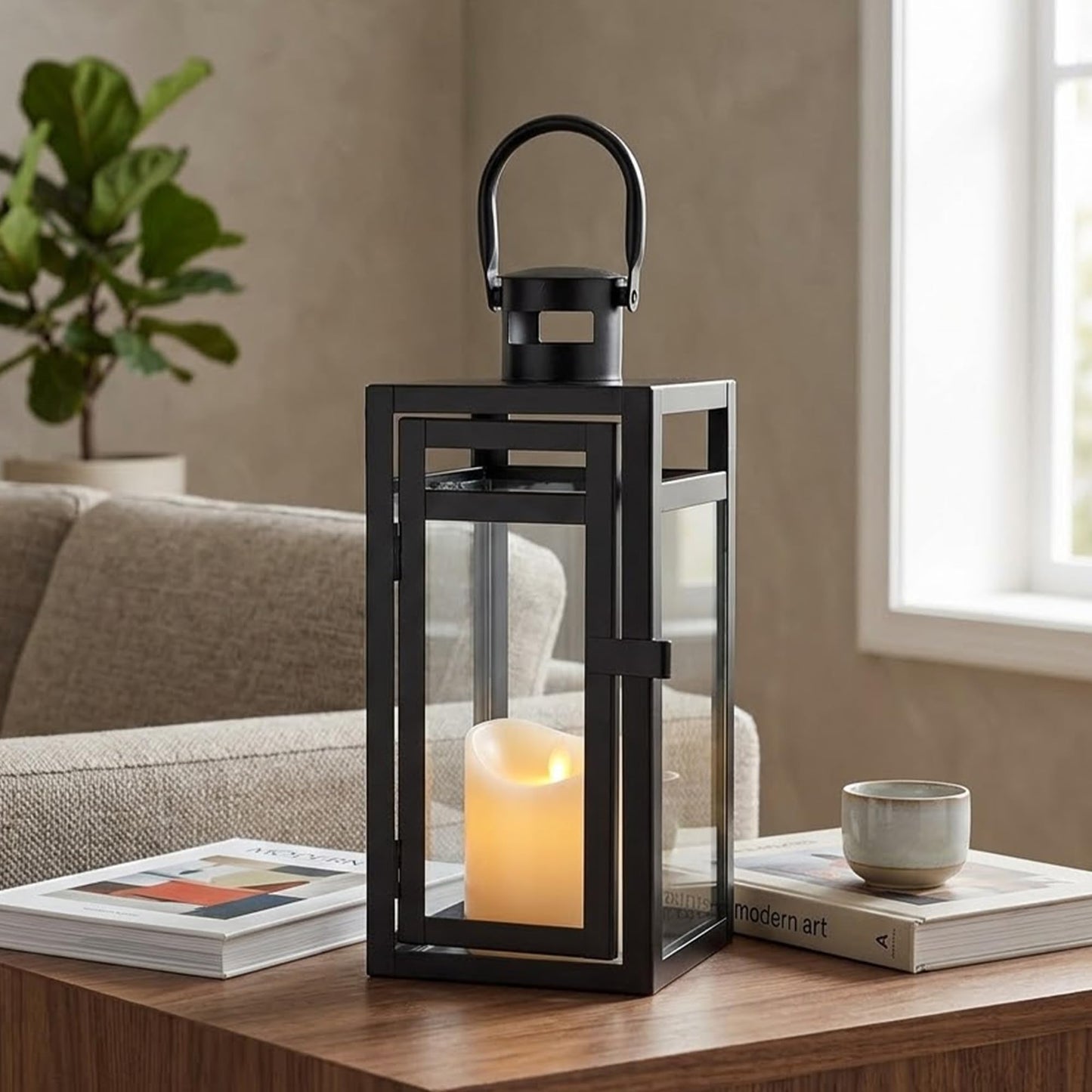 TRIROCKS Metal Candle Lantern 12'' High Decorative Outdoor Lantern Hanging Lantern with Tempered Glass for Christmas Home Decor Living Room Parties Events Tabletop Indoors Outdoors (Black Matte)