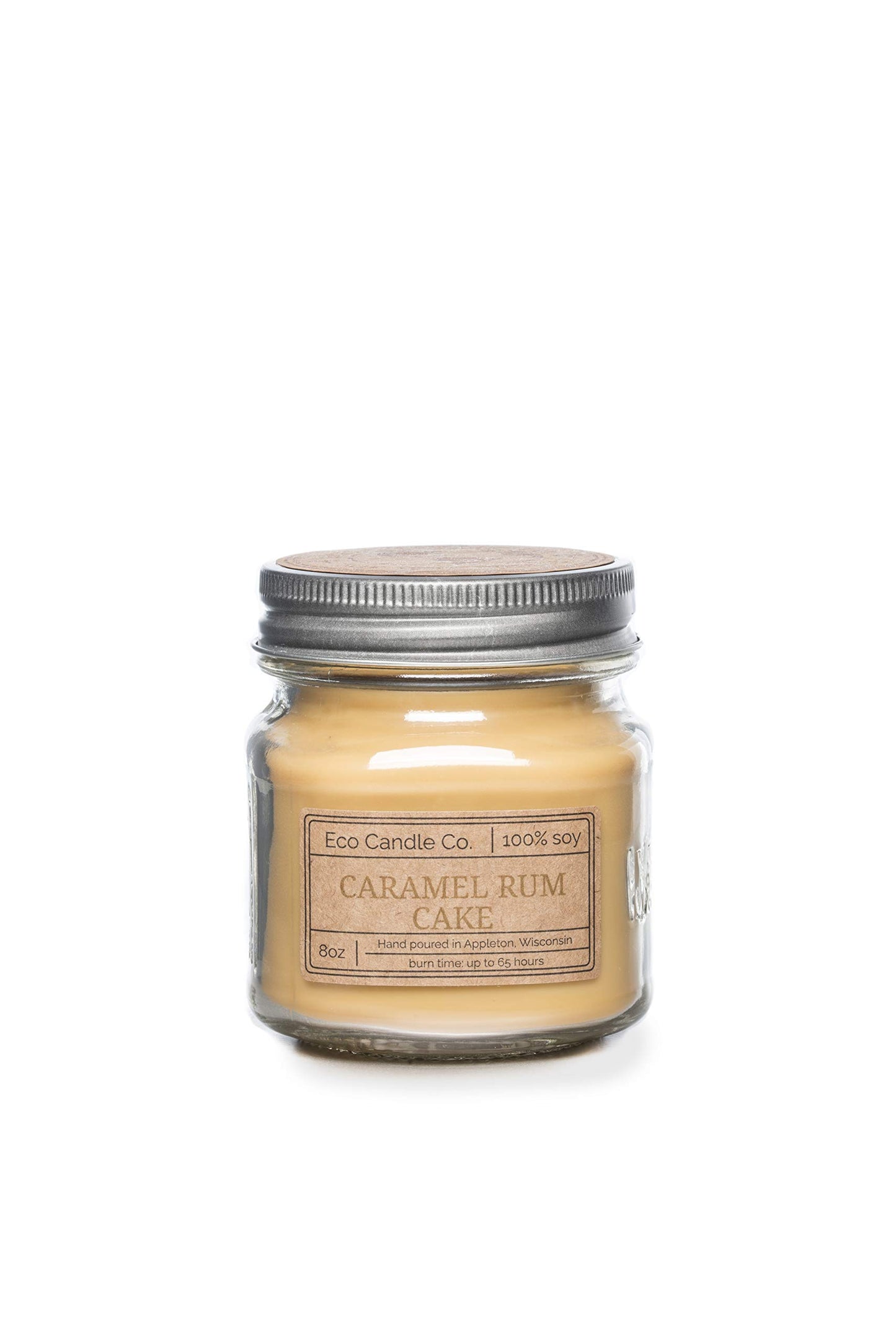 ECO CANDLE CO. Mason Jar Candle, Caramel Rum Cake, 8 oz. - Scents of Caramel, Rum, Maple, Almond, Pear, & Vanilla - 100% Soy Wax, No Lead, Kraft Label & Antiqued Pewter Lid, Hand Made