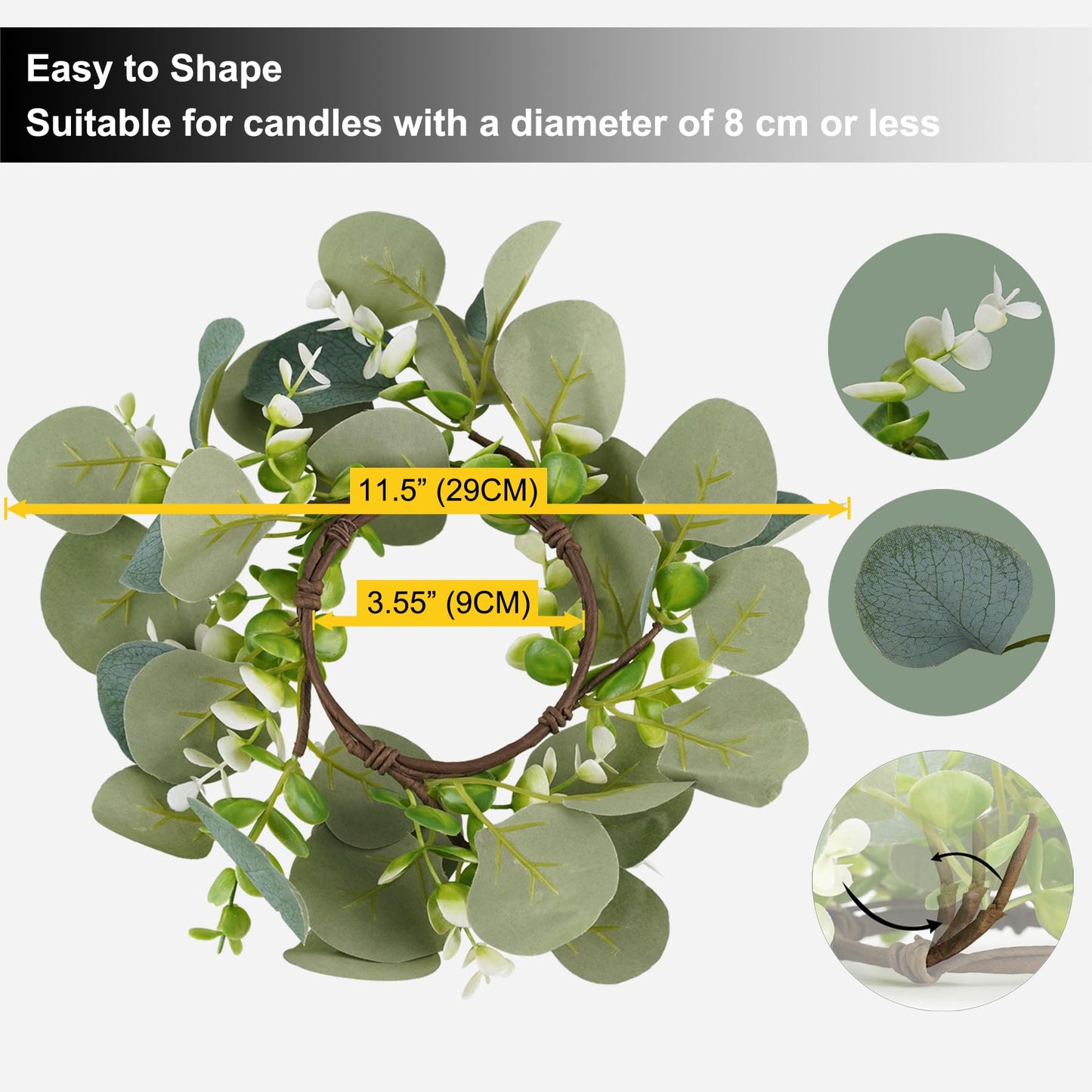 Rhytsing 4pcs Artificial Eucalyptus Leaves Candle Rings, Wreaths of Pillar Candles for Wedding and Home Decoration, Green Candlestick Holders for Spring and Summer - Inner Diameter: 3.5"