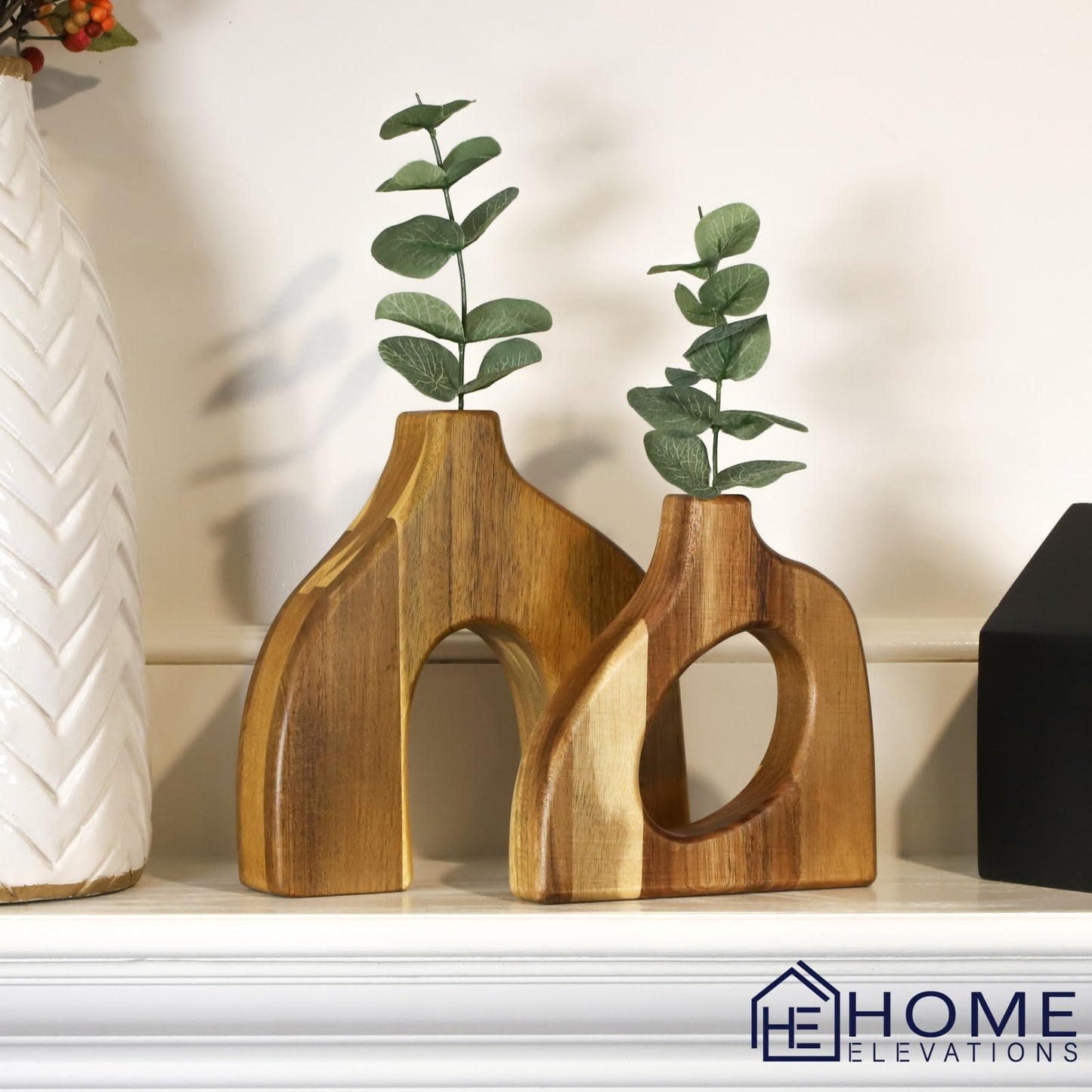 Wooden Vases for Decor Set of 2 - Small Decorative Wood Vase for Faux Flowers & Plants - Modern & Scandinavian Home Decor for Table, Centerpieces, & Living Room