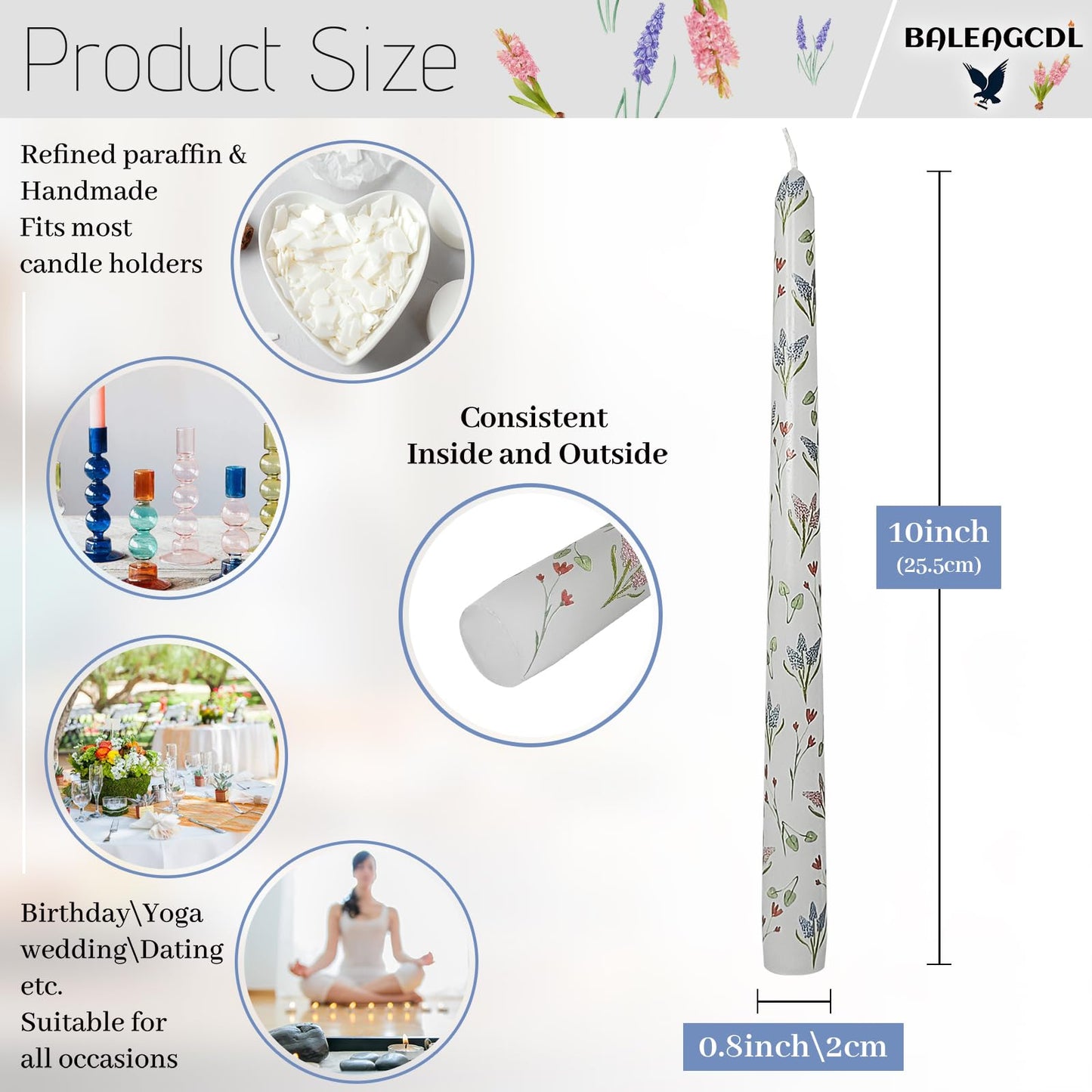 Floral Candle Sticks Set of 4 Handmade Taper Candle 10 Inch Long Candlesticks Hyacinth Printed Tapered Candles for Home Wedding Holiday Party Decor