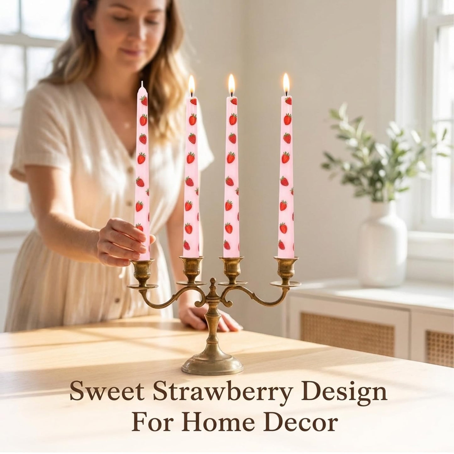 JarThenaAMCS 6Pcs Taper Candles 10 Inch Pink Red Strawberry Decorative Candles Long Unscented Candle Sticks for Holiday Birthday Baby Shower Party Home Table Decor
