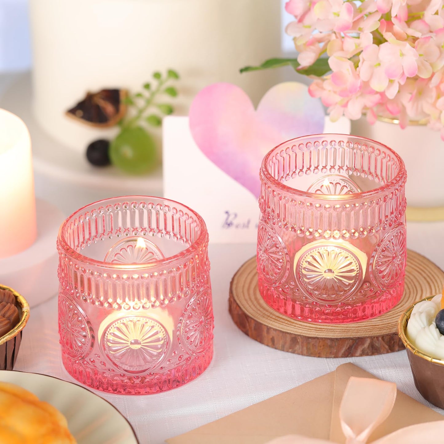 Sunnyfuture 6Pcs Large Votive Candle Holders Pink Glass Tealight Candle Holders for Wedding, Table Centerpiece, Party, Birthday, Home Decor