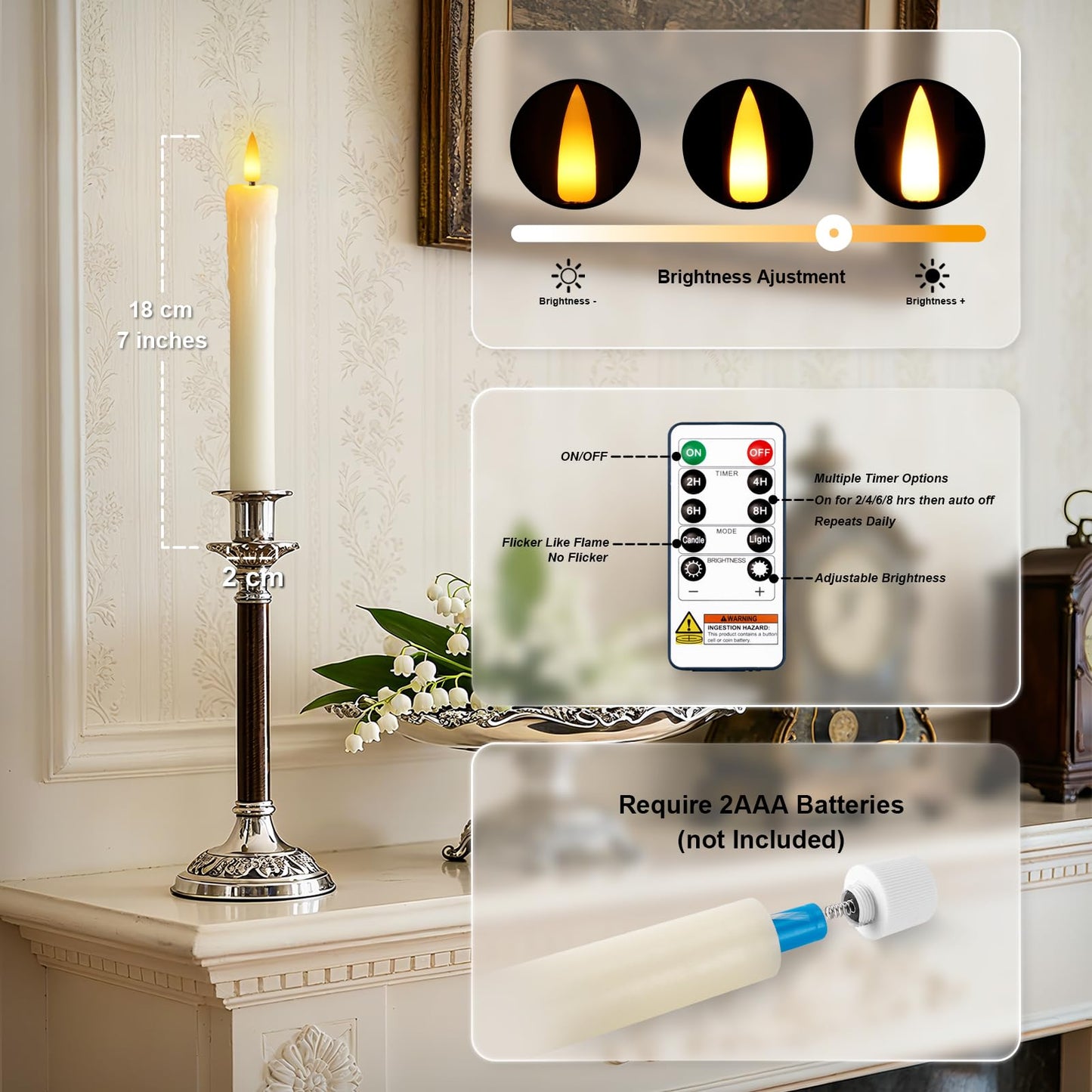 Meigic 7 Inches Dripless Flameless Taper Candles with Remote Timer Dimmer, Real Wax Battery Candlesticks, 3D Flame Fake Candlesticks for Home Wedding Christmas Decor, Ivory, 12 Pcs
