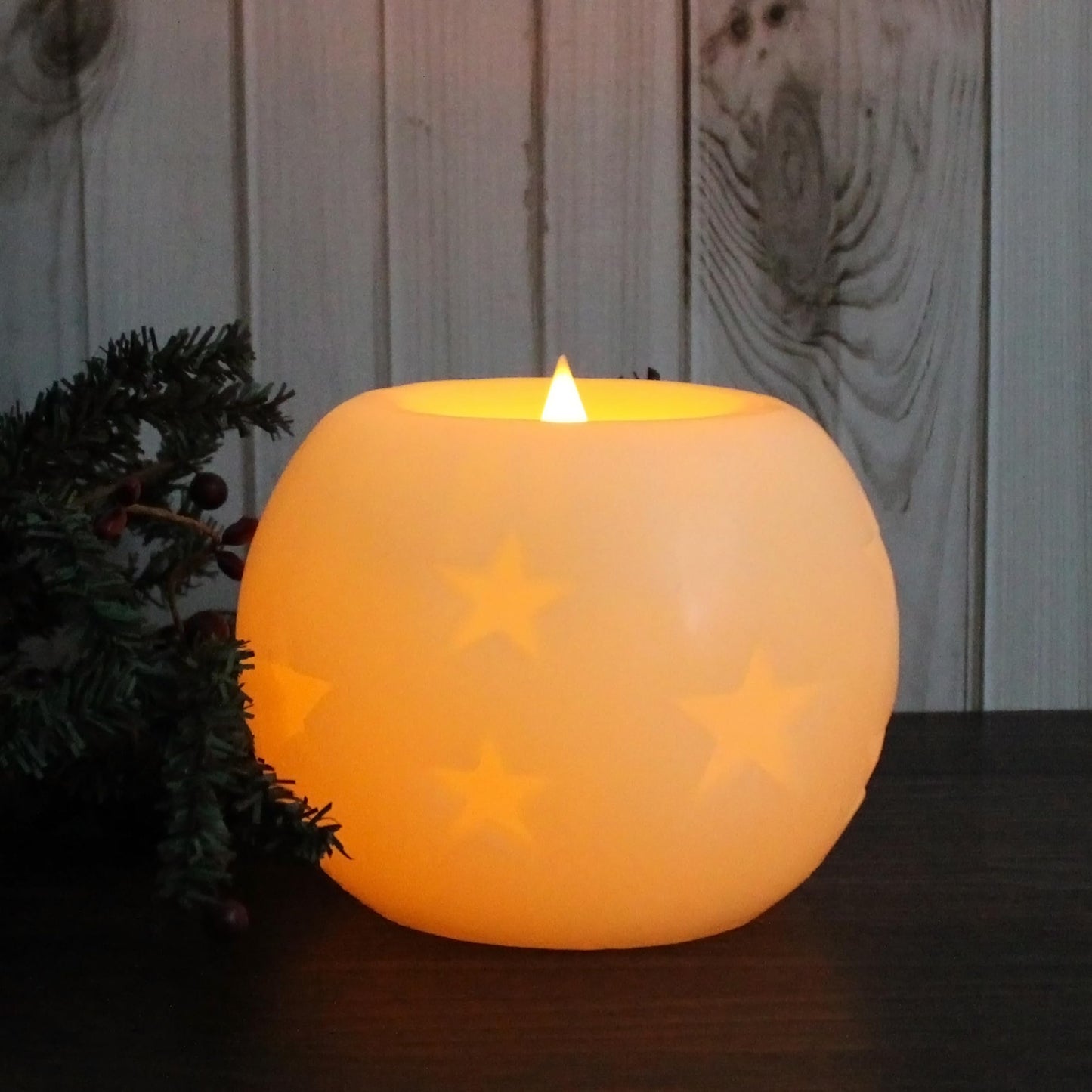 CVHOMEDECO. Moon Sphere Wax LED Dancing Flame Candle Ball Battery Operated Wax LED Flameless Candle with Timer and Remote Control (5" Dia. X 4" H)