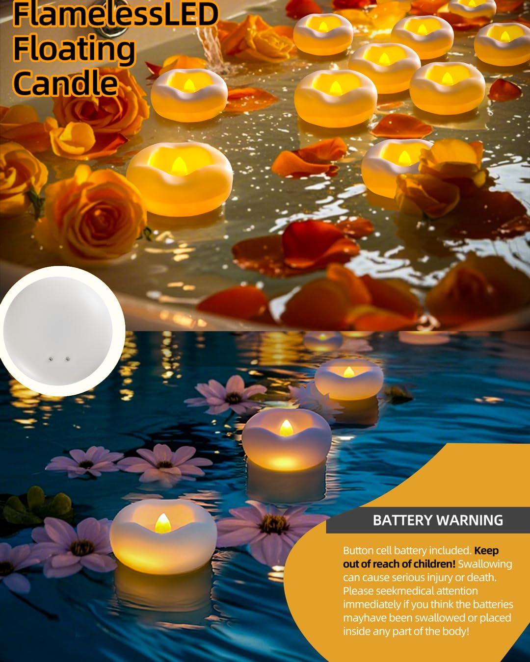Auemaniliy 48-Pack 2” Floating Candle, 200 Hour Water Activated Warm White Battery Powered Flameless LED Floating Candle Floating for centerpieces/Bathtub/Pool/Fountain