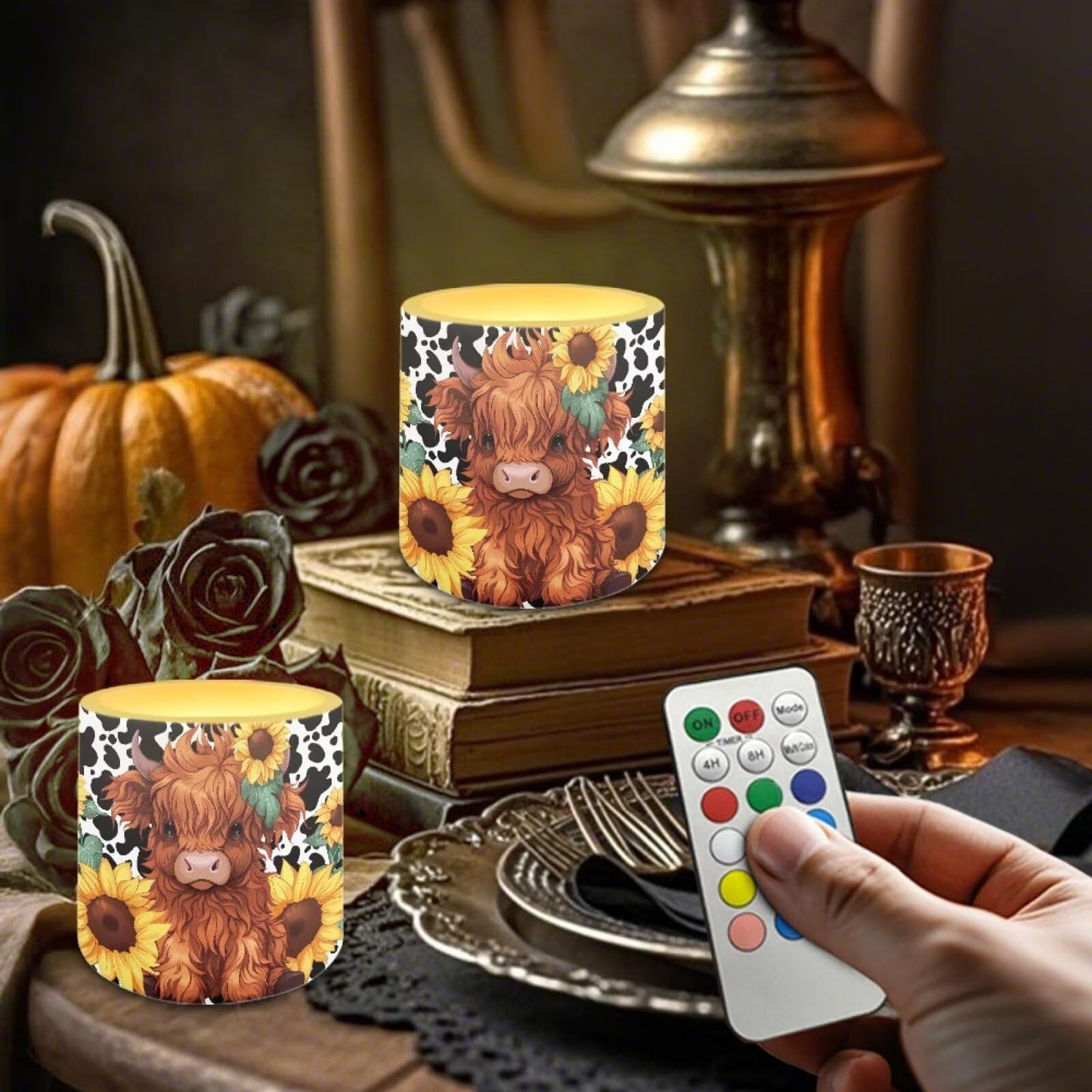 NETILGEN Sunflower Highland Cow Flameless Candles with Remote Control Timer LED Pillar Candles Set of 4 Battery Operated Candles for Home Living Room Decor