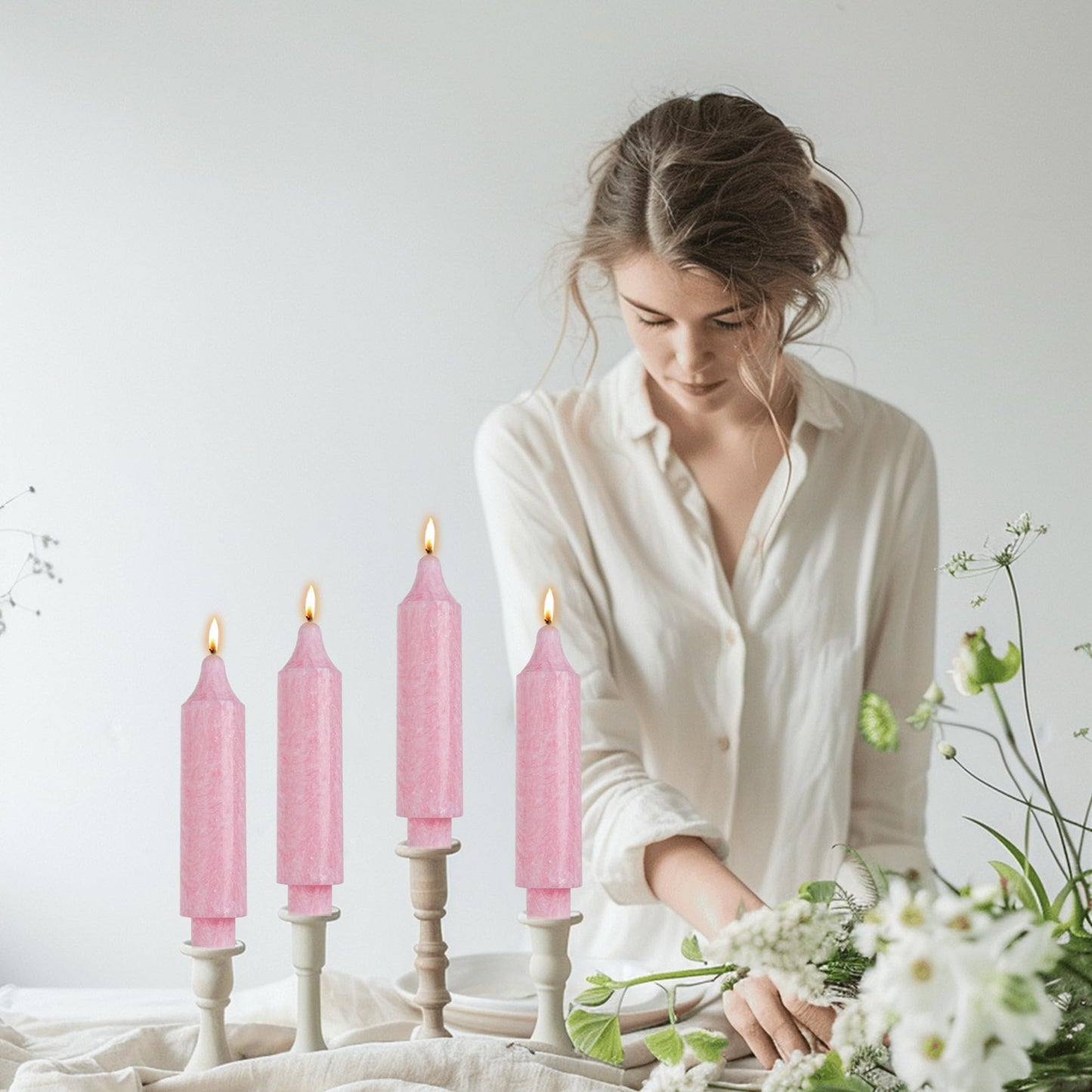 LPUSA Pink Crystal Short Taper Candle Sticks Dripless Tapered Candles for for Holiday Wedding Party Wax Unscented Dinner 6 inch Set of 4